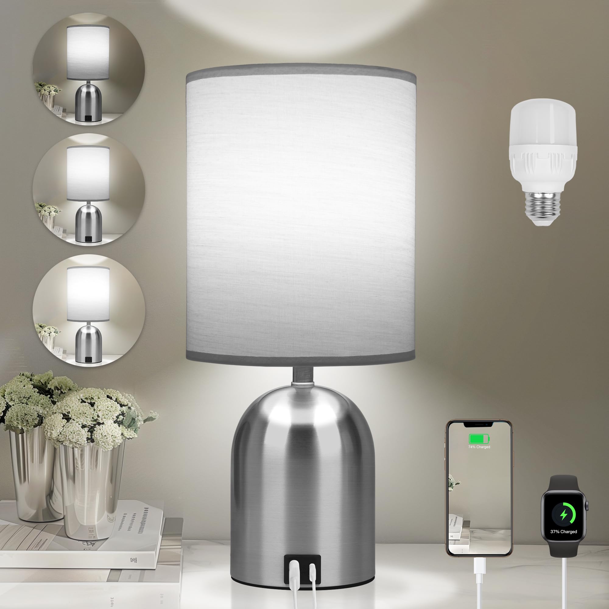 Fttoyoly Bedside Table Lamp For Bedroom, 3 Way Dimmable Touch Small Desk Lamp For Office With Usb Charging Port Lamps For Living