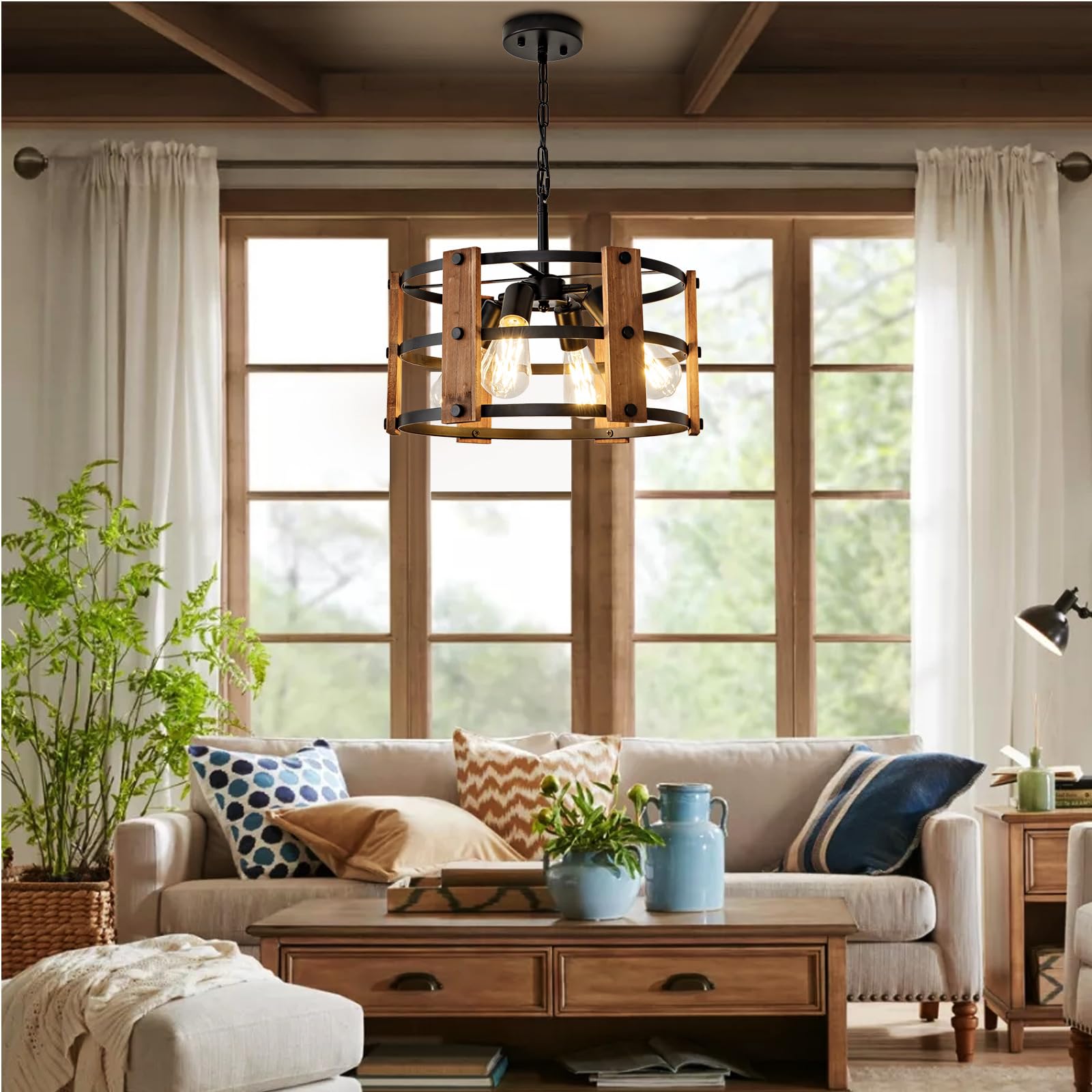 Daoseolo Rustic Farmhouse Chandelier - 4-Light Pendant Fixture, Adjustable Height, Brown Wood, 15.7Inch For Entryway, Kitchen, Living Room