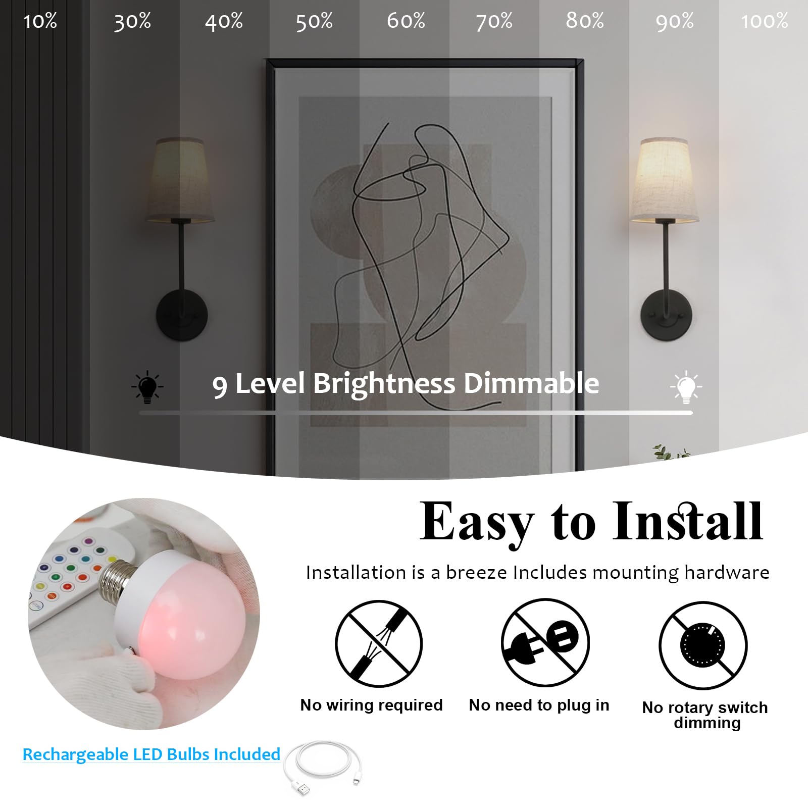 Pathson Wall Sconces Set of 2, Rechargeable Dimmable Lights, Metal, Black, Remote Control, Model XLUS3003Y2