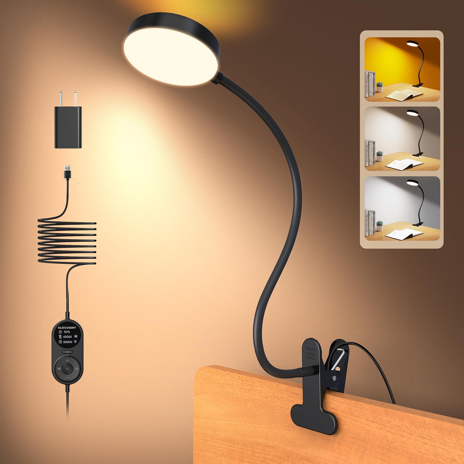 Glocusent Clip on Light, 72-LED Clip on Lamp with Amber Night Light, 3 Colors & 5 Brightness Bed Lamp, 30-Min Auto Off Timer, Pe