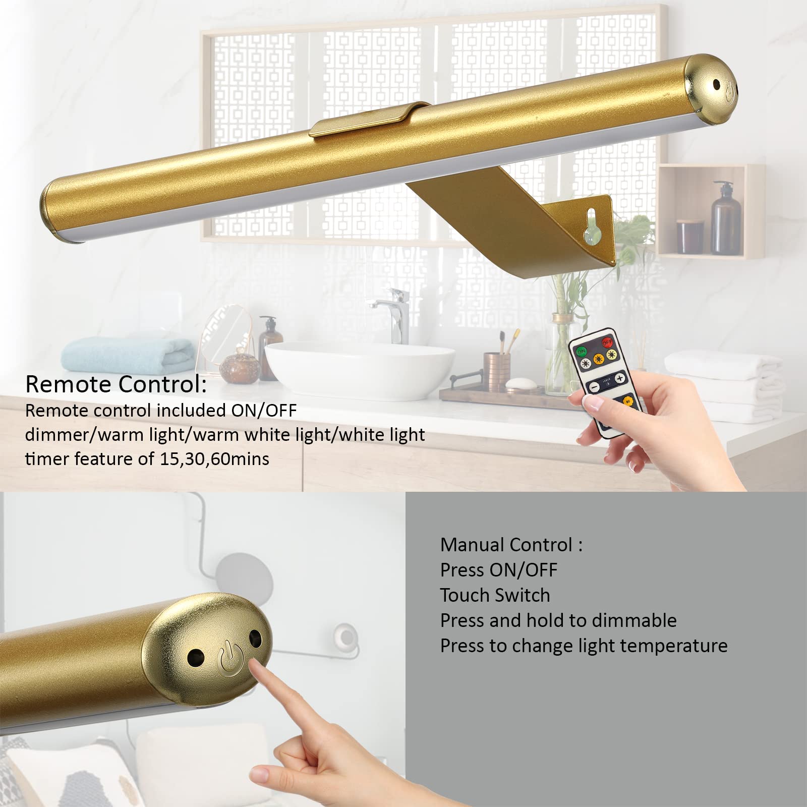 VIGMOJ Wireless Picture Light, 13inch Gold, Metal, Dimmable, Rechargeable with Remote Control, 300LM, Model HD-G