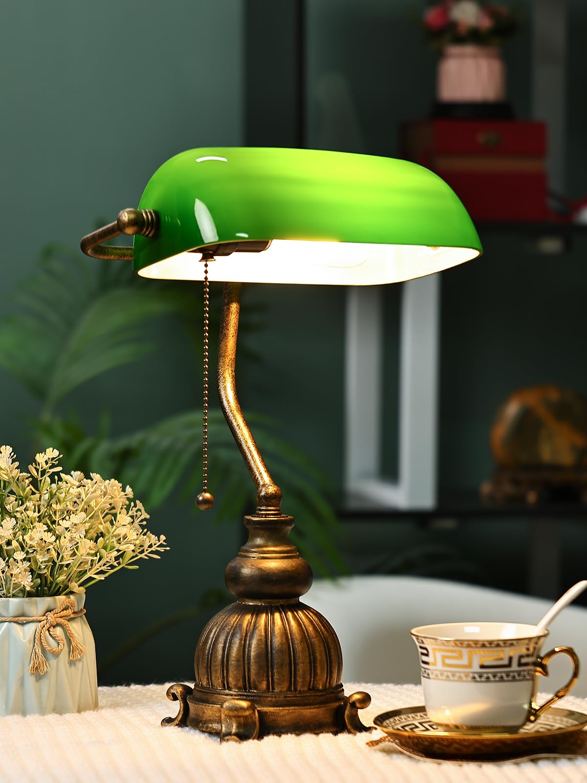 Newrays Vintage Green Glass Bankers Desk Lamp, Antique Green, LED Bulb, Pull Chain Switch, Model T906SZ-3
