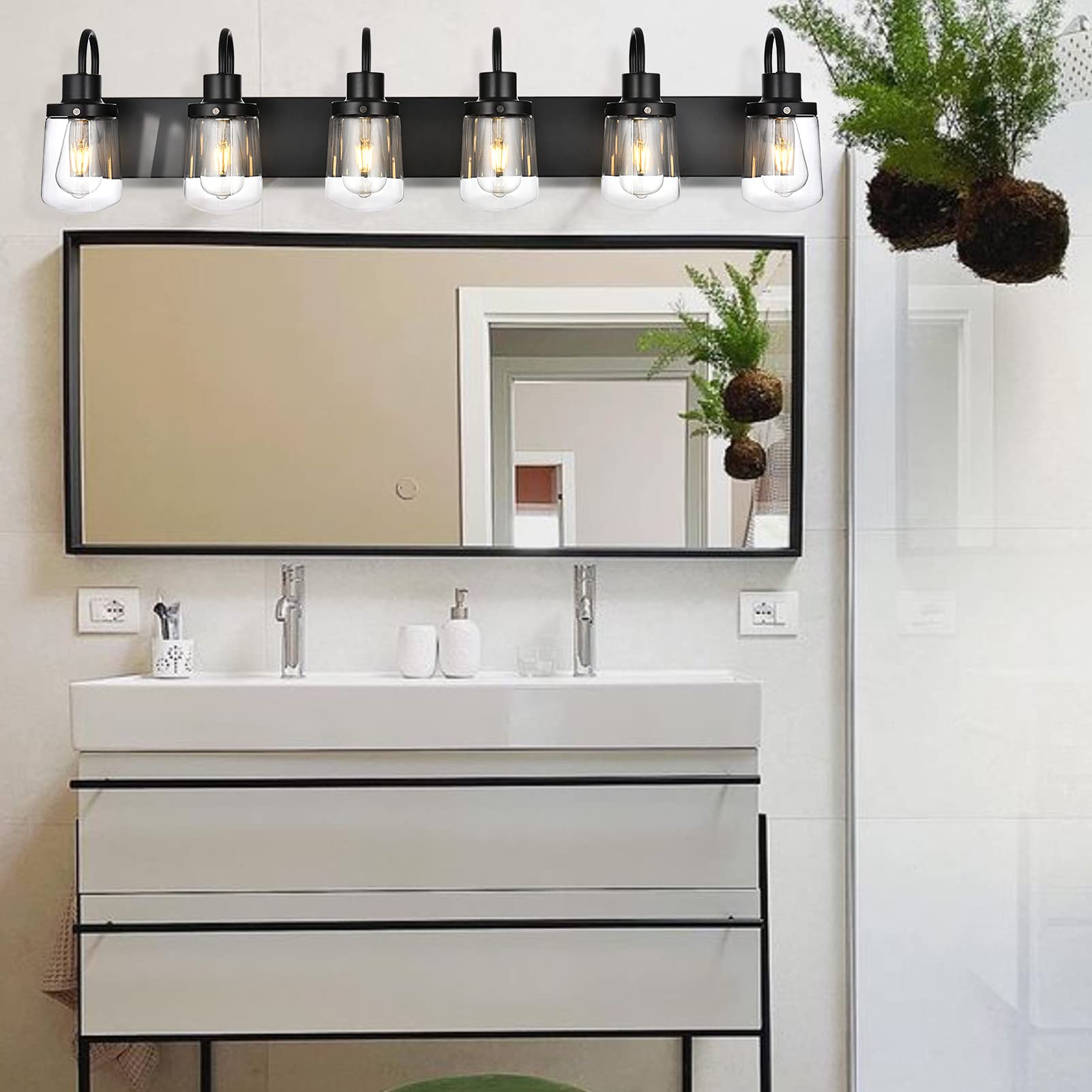 Yaohong Black Bathroom Vanity Light Fixture with 5 Glass Globe Shades, Model AT9064WL5-BK for Hallway, Kitchen, Living Room