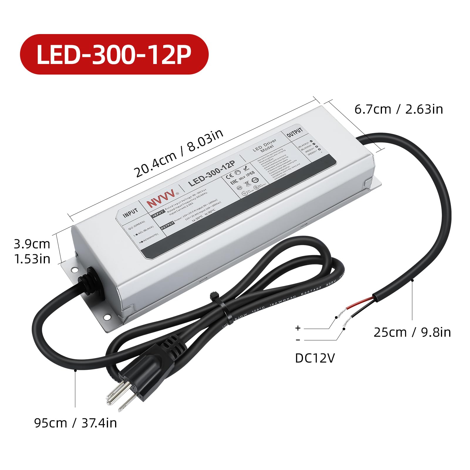 Led Driver 300W 12V Dc 25A Waterproof Ip68 Power Transformer Adapter, 90-265V Ac Input With Active Pfc 3-Pin Plug - For Led Stri