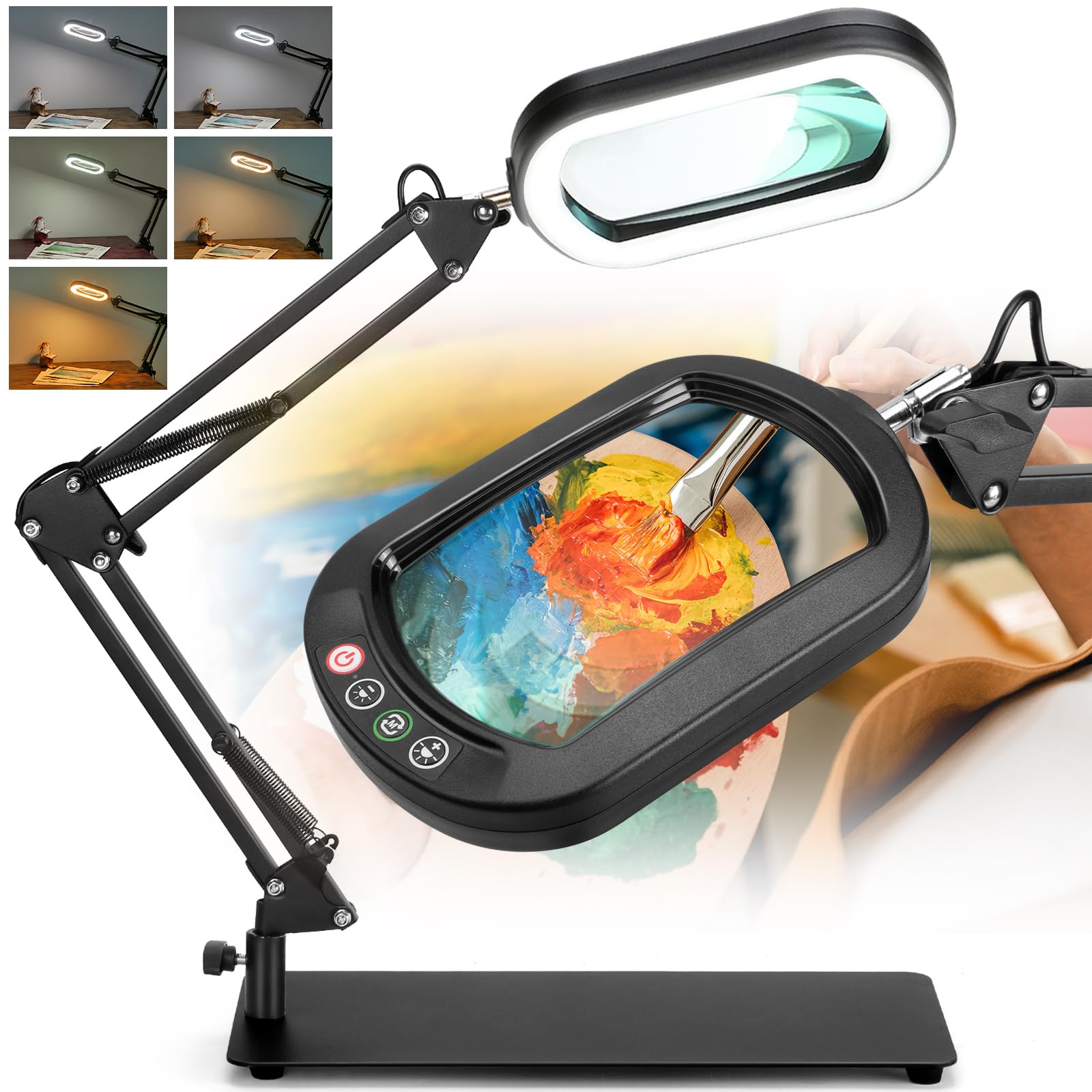 10X Square Magnifying Glass With Light And Stand, Real Glass 5 Color Modes, Brightness Stepless Dimming Lighted Magnifier Hands