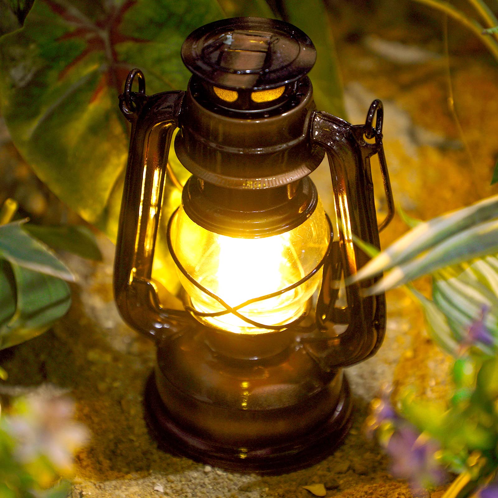 Hortsun Vintage LED Hurricane Lantern - 8 Inch, Iron, 12 Warm LEDs, Battery Operated, Dimmer Switch, Indoor/Outdoor Use