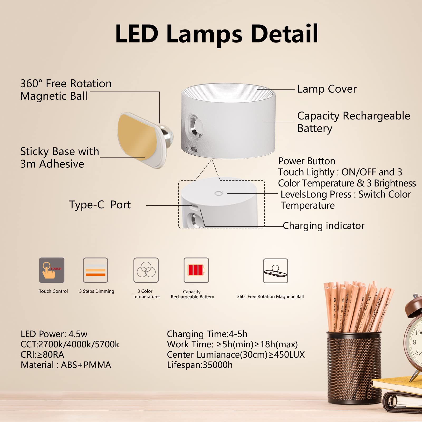 Deyagoo LED Wall Sconce - Rechargeable, 3 Color Temp, 3 Brightness Levels, Magnetic, Cordless Bedside Light - A-White, US Style