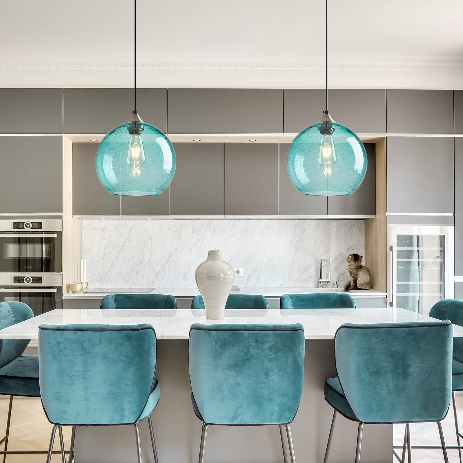 Lbsqj Light Blue Glass Pendant Lights Kitchen Island Globe Pendant Light Fixtures Modern Pendant Lighting For Bedroom Living Dining Room Light Fixture (9.84 In  2 Pack)