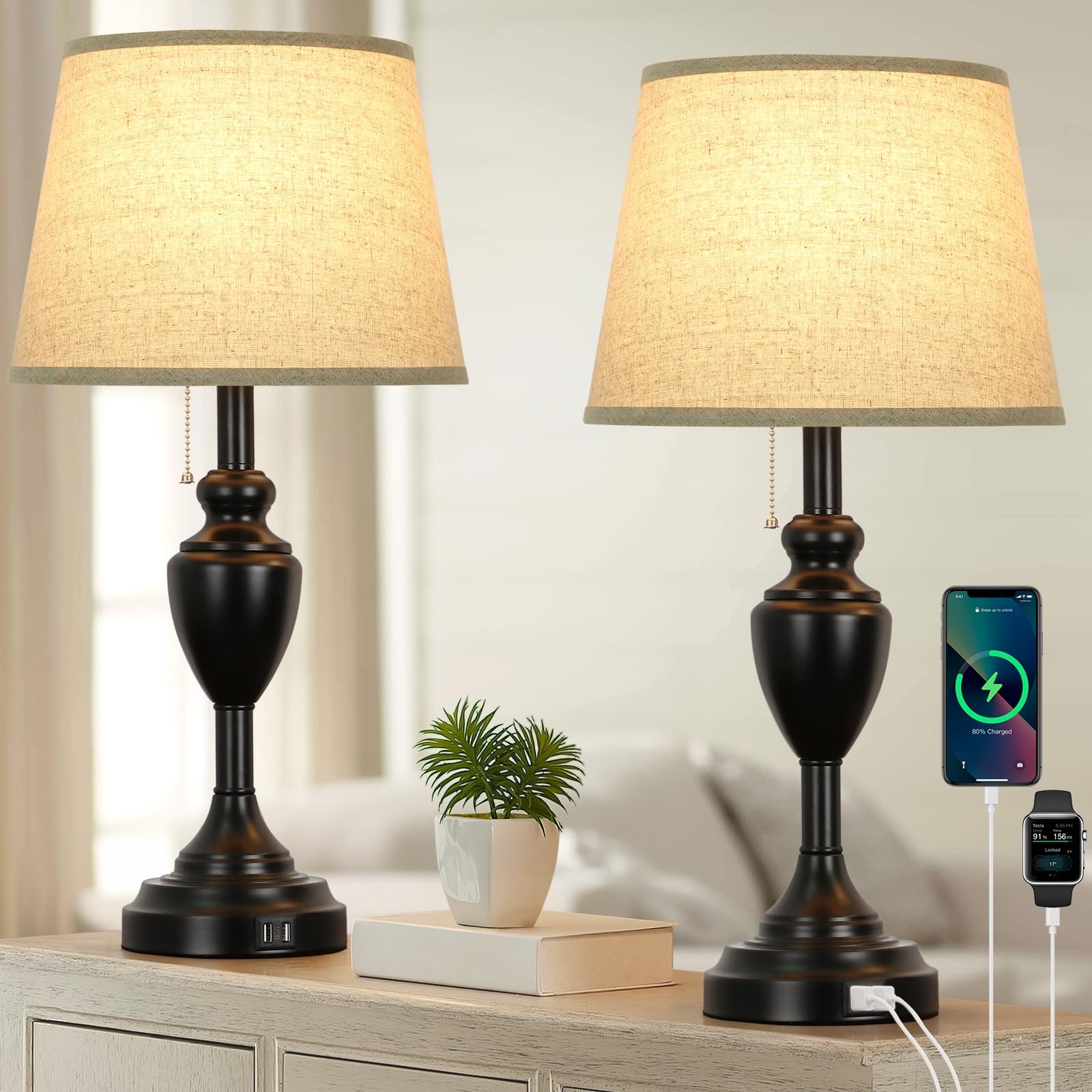 Sucolite 24&quot; Black Table Lamps With Usb Ports, Rustic Nightstand Lamps Set Of 2 For Bedrooms