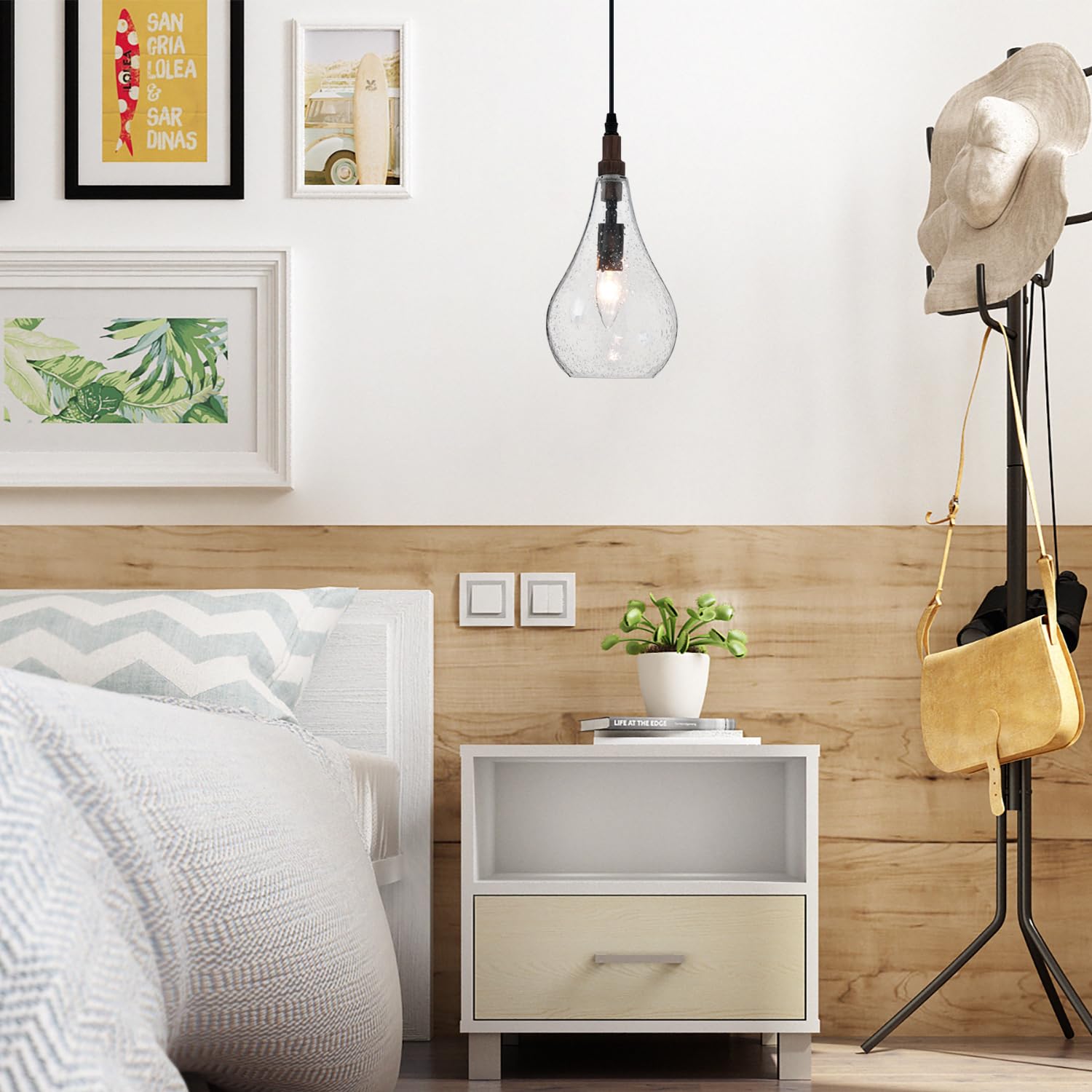 Elyccupa Farmhouse Wood Bubble Seeded Glass Pendant Light Adjustable Industrial Pendant Lighting Fixtures For Kitchen Island Din