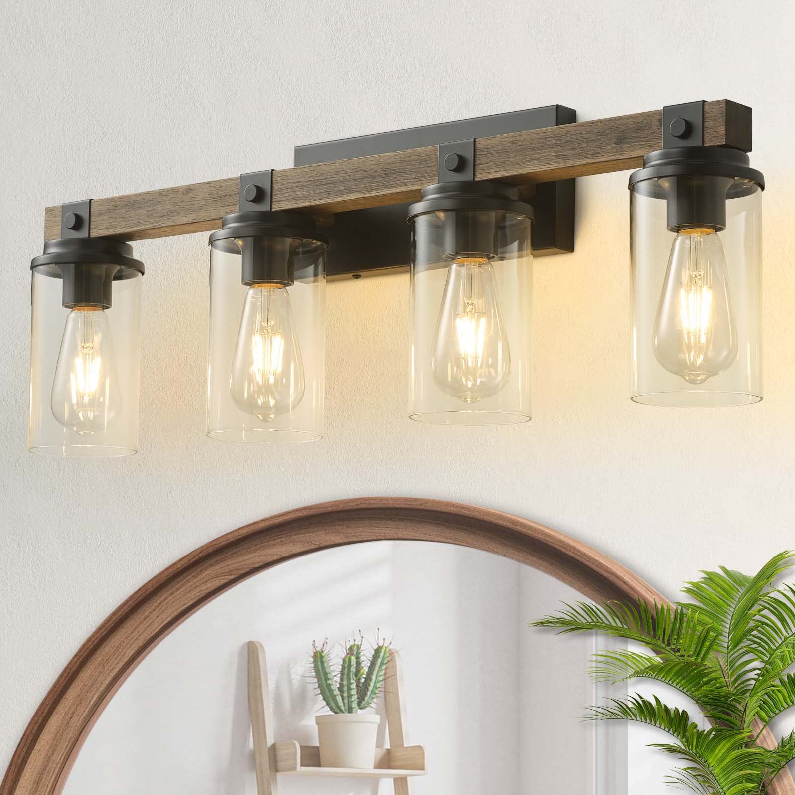 Goyeel 4-Light Farmhouse Bathroom Vanity Light - Rustic Wooden Sconces For Mirror & Hallway
