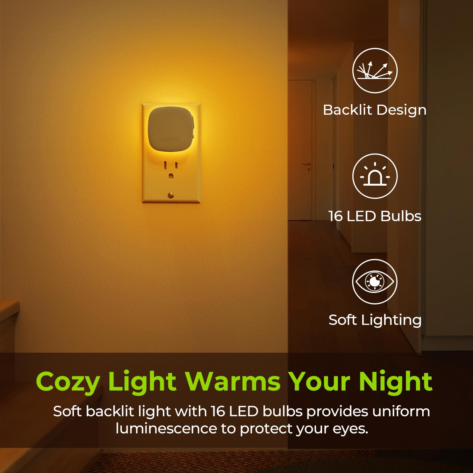 AUVON LED Night Light with Motion Sensor, Dimmable Amber, 1-50 lm Brightness, Plug-in, 4 Pack