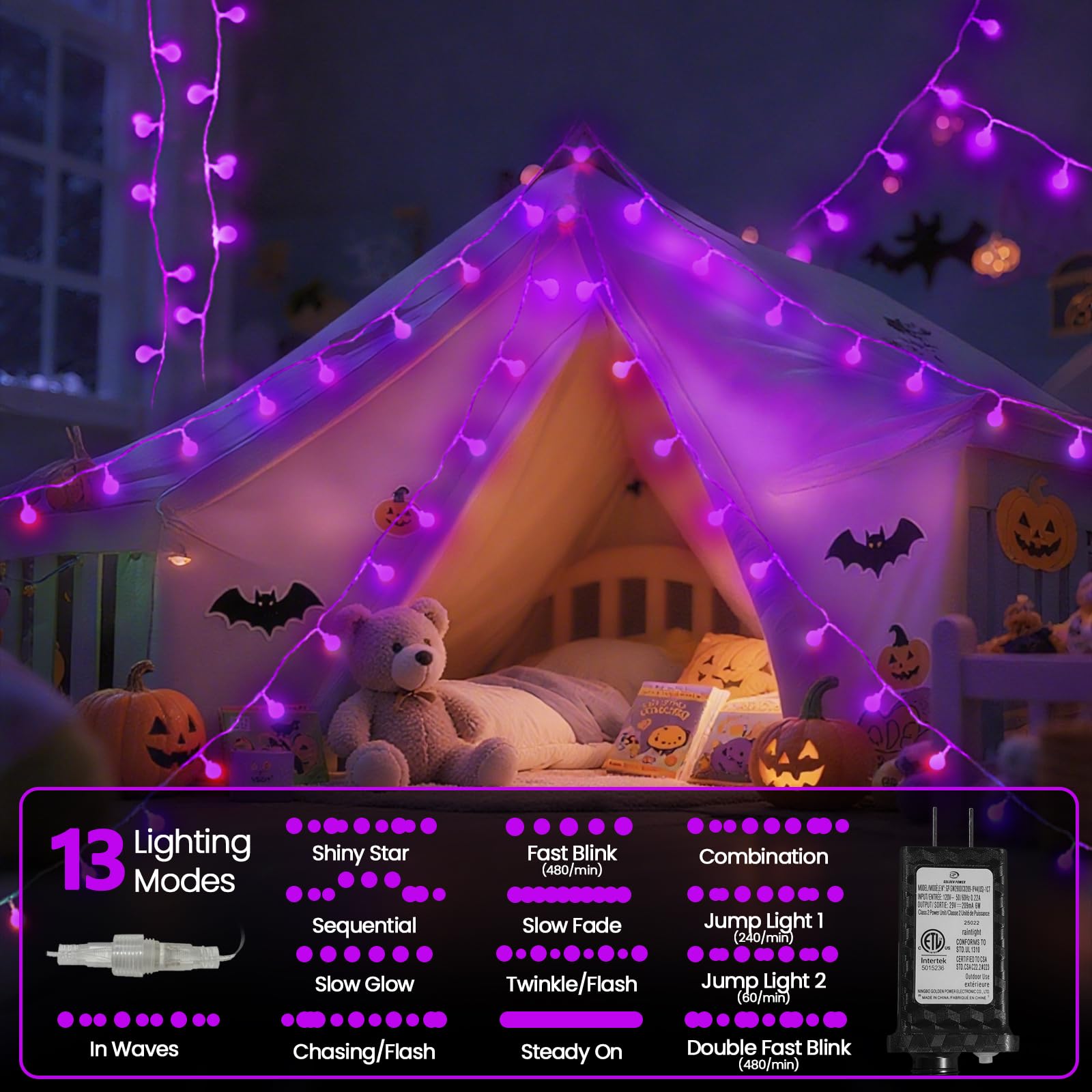 LORRYTE 100LED Connectable Globe String Lights - 43FT, Purple, Waterproof, 13 Modes, Timer, Indoor/Outdoor Decor