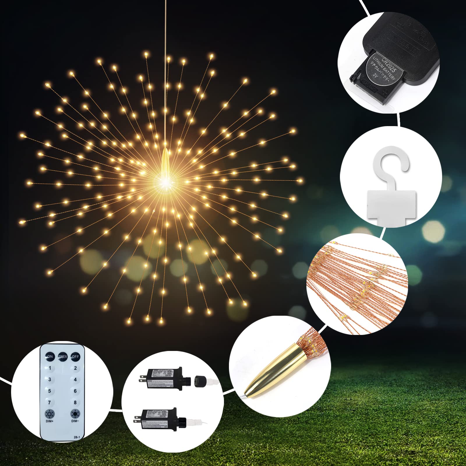 PXBNIUYA Starburst Sphere Lights, 1000LED, 8 Modes, Waterproof, Copper Wire, Warm White, Model YHD-001, 5 Pack