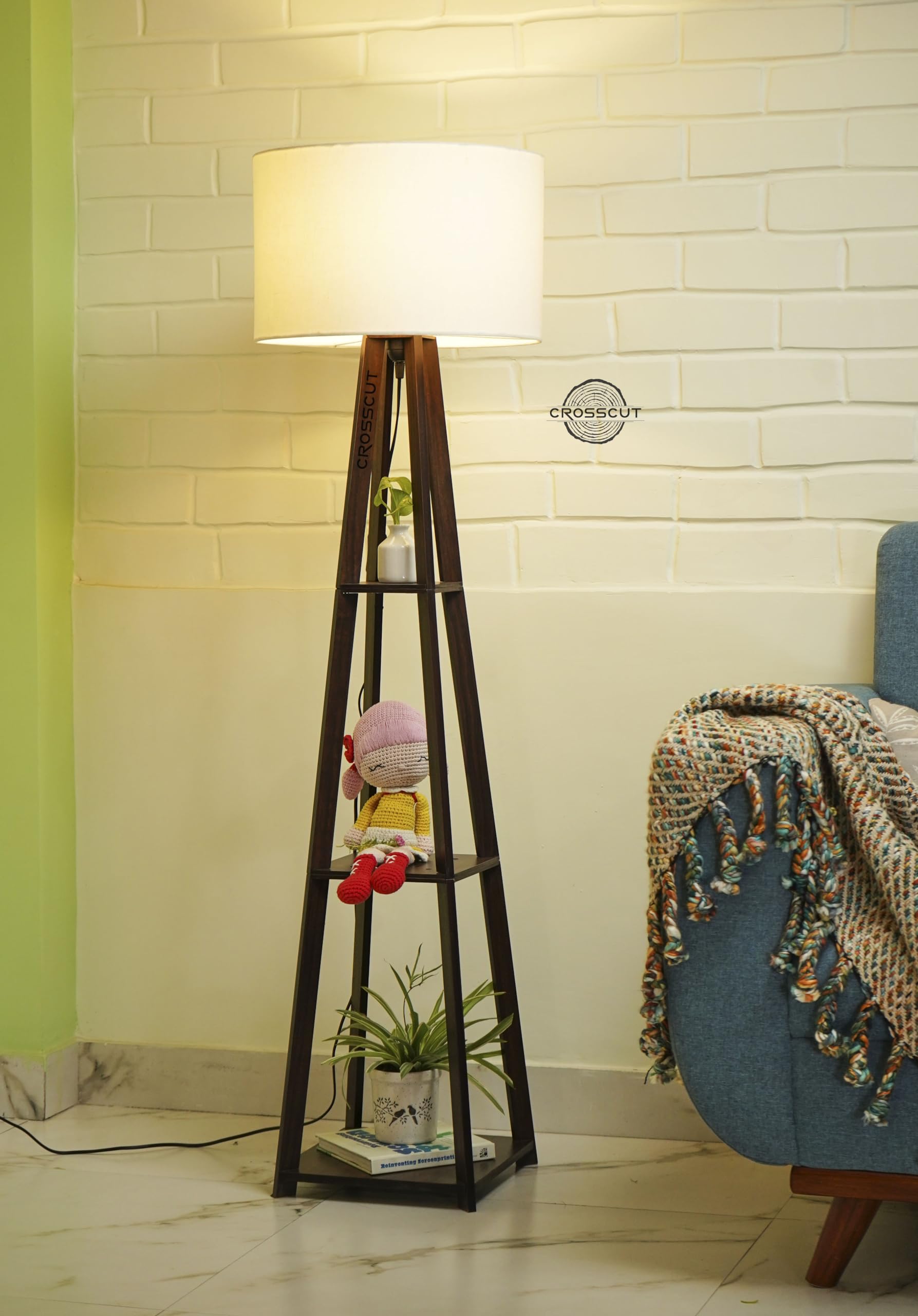 Crosscut Furniture Wooden Floor Lamp with shelves in Dark Finish (Cotton White). LED bulb included