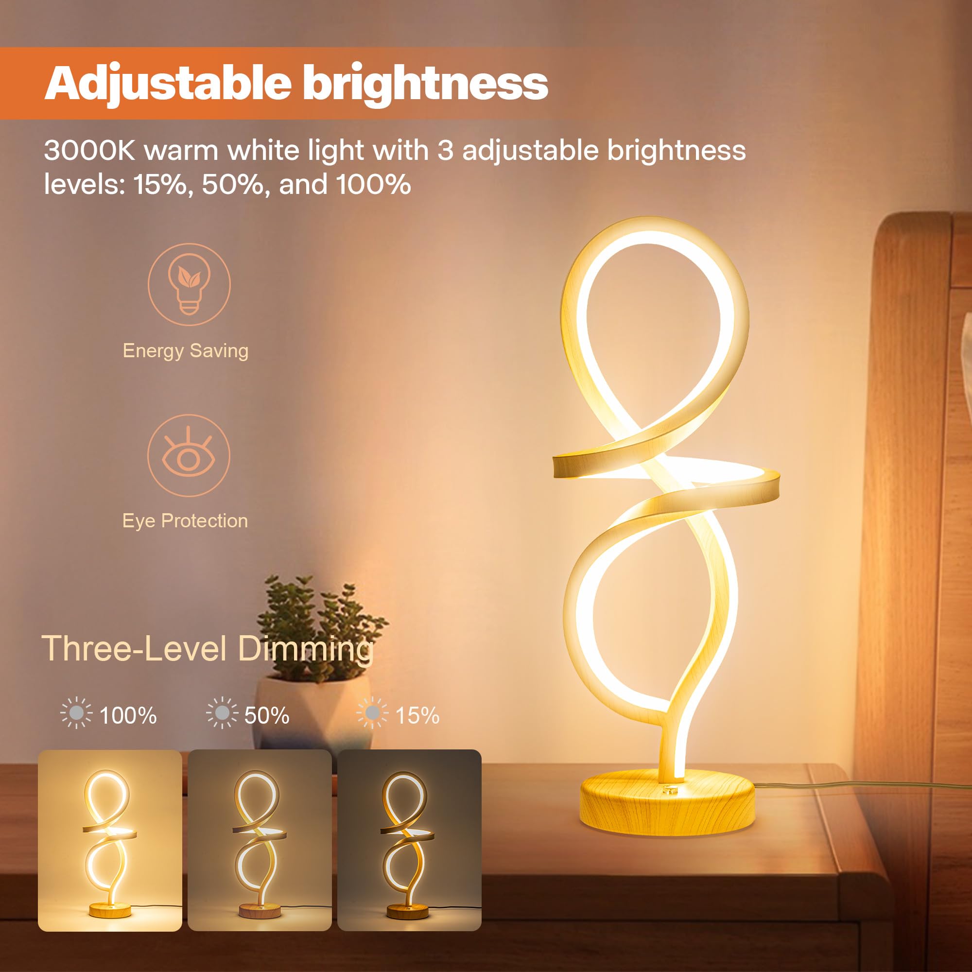 Mayful Modern Table Lamp, Led Spiral Lamp, Rgb Table Lamp, Wood Grain Bedside Lamp With 7 Colors 10 Light Modes, Touch Dimmable