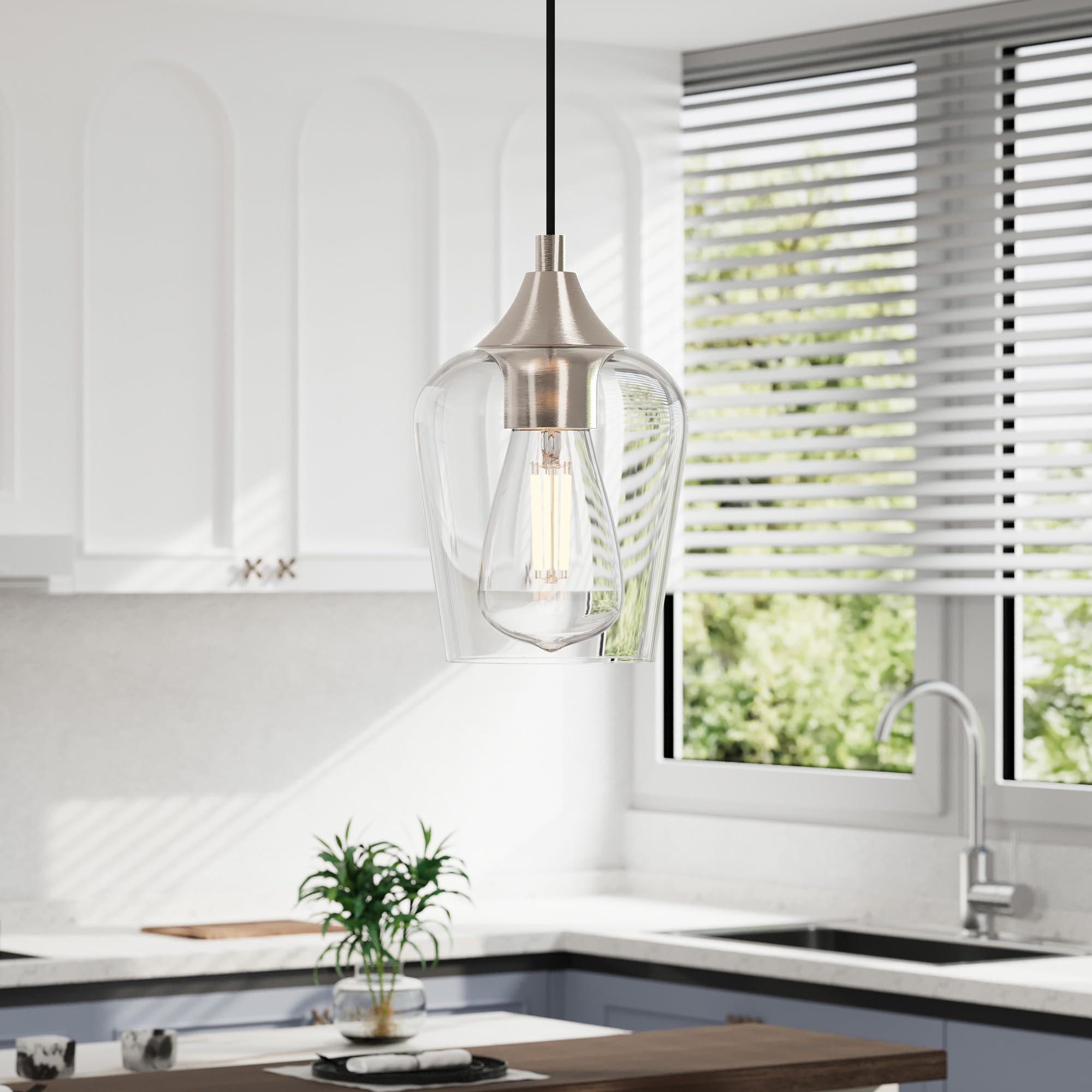 VONLUCE Brushed Nickel Pendant Lights, 3-Pack Adjustable Glass Shade Fixtures for Kitchen, Living Room, Bedroom - Model PDL-150N-3P