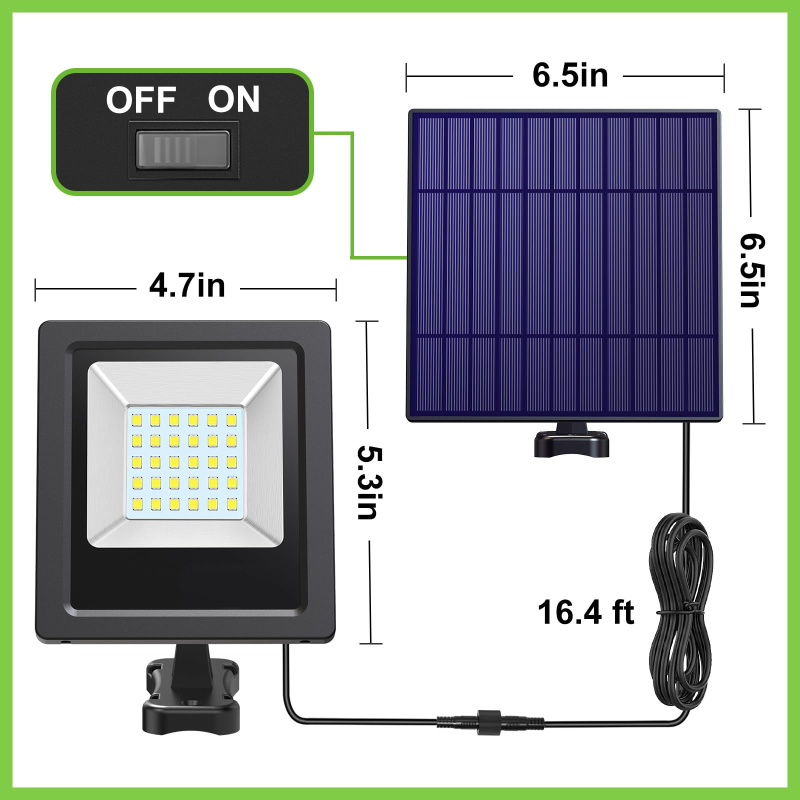 Lightonight Solar Powered Flood Lights, IP65 Waterproof, 16.4Ft Cable, 2 Pack, Black, Model 005-5C7C-2pack