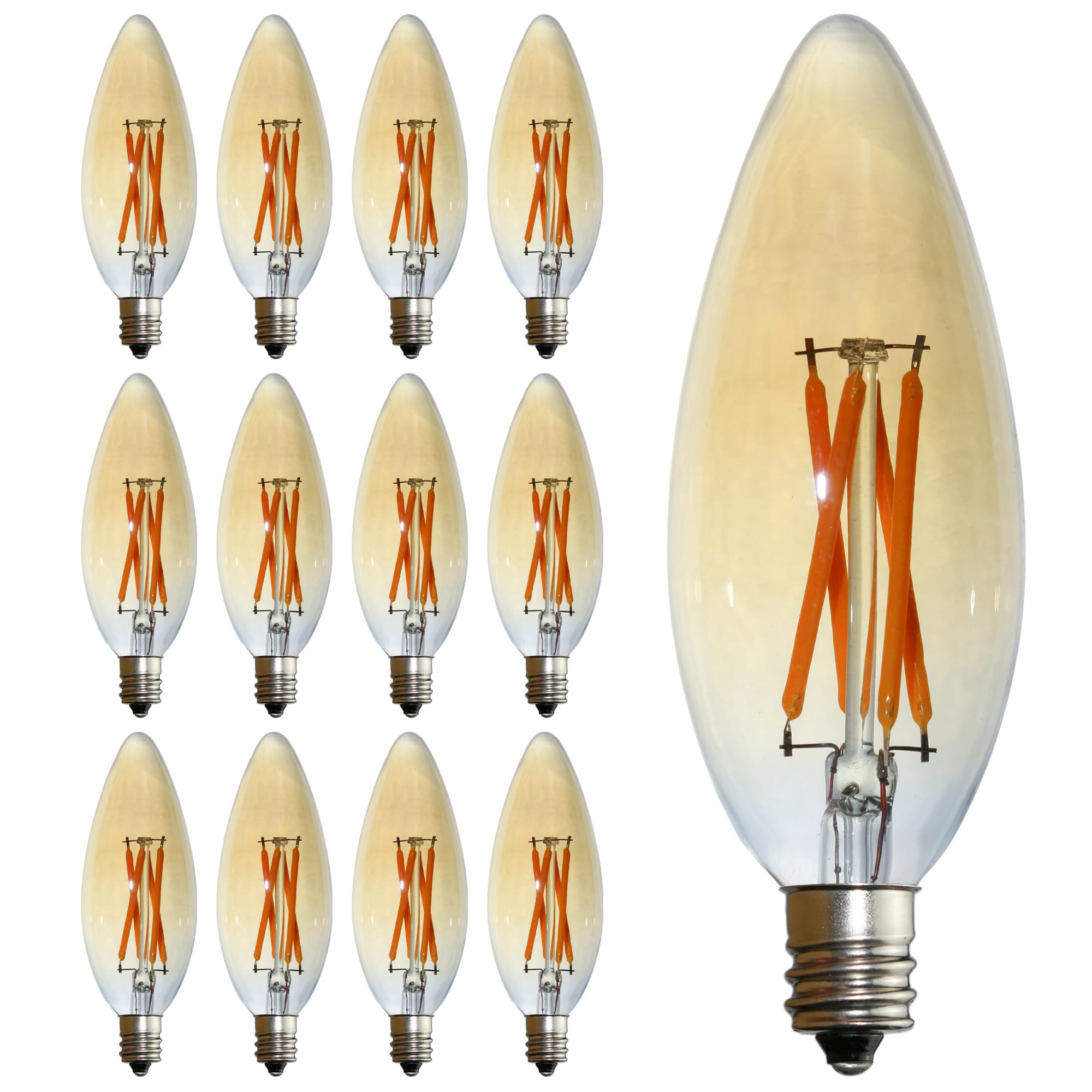 Fannis 12 Pack C32 Candle Led Edison Bulb, 4W Equals 40W, Warm Light, E12 Base Vintage Amber Glass Candle Light Bulb For Pendant