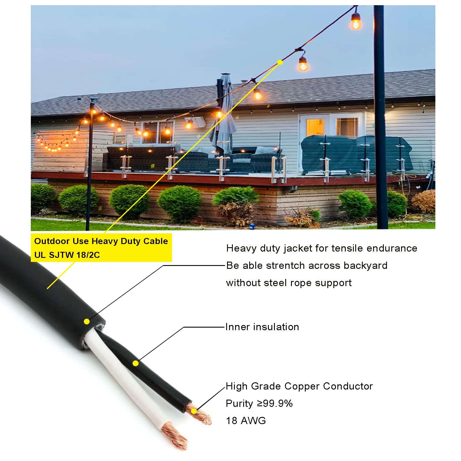 NIOSTA Outdoor Hanging String Lights, 24Ft, 12 LED S14 Bulbs, Dimmable, 2200K Glass Bulb