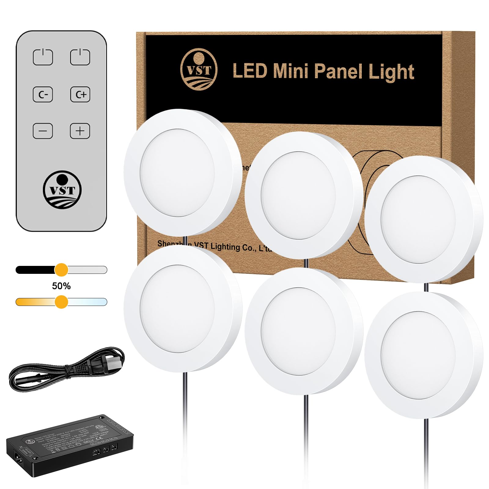 VST Under Cabinet LED Puck Lights, CCT 3000K-6500K, Remote Touch Control, White, Model PL05-WL-CC-W