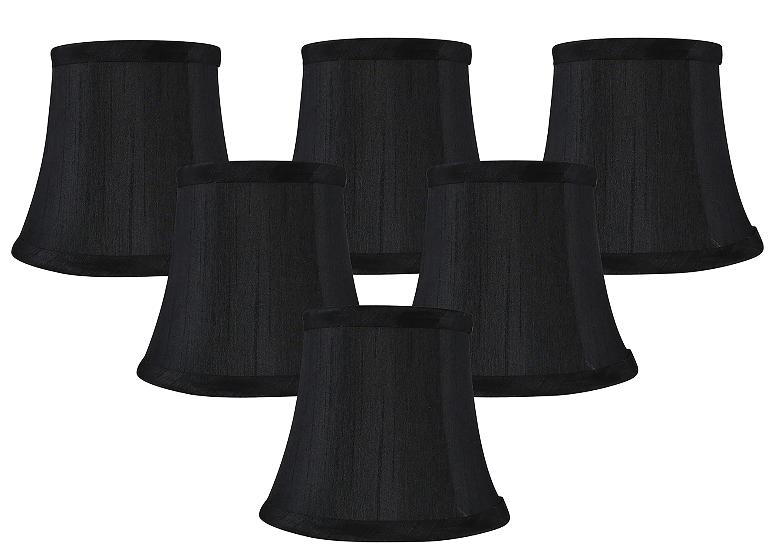 Meriville Set of 6 Black Faux Silk Chandelier Lamp Shades - Softback Bell Shape, Clip-On Fitter for Candelabra Bulbs, 4'' x 6'' 