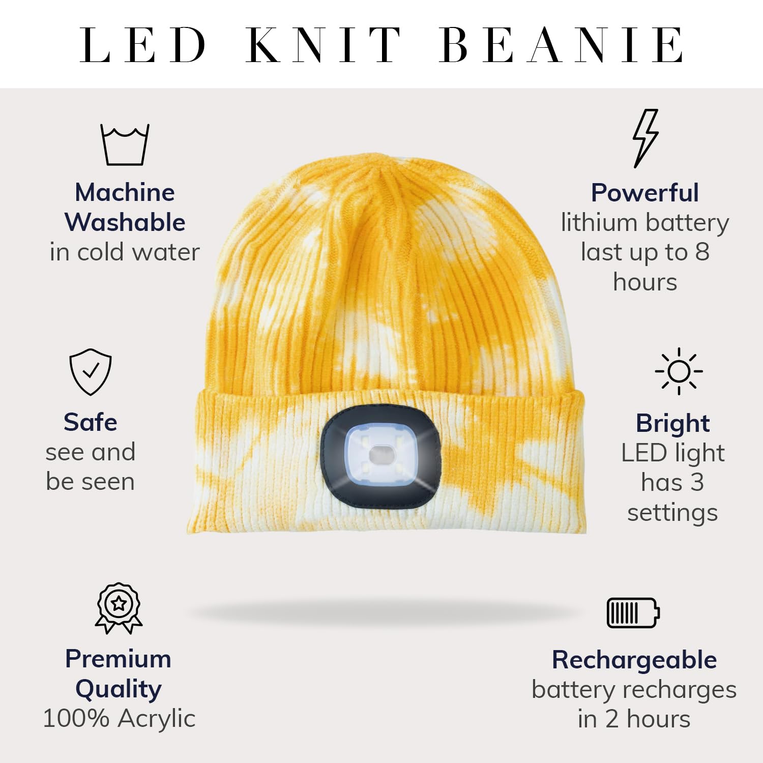 HEAD LIGHTZ LED Beanie Hat - Warm Knit Winter Cap, One Size Fits Most, Yellow Tie Dye, Unisex Lighted Hat for Outdoor Safety