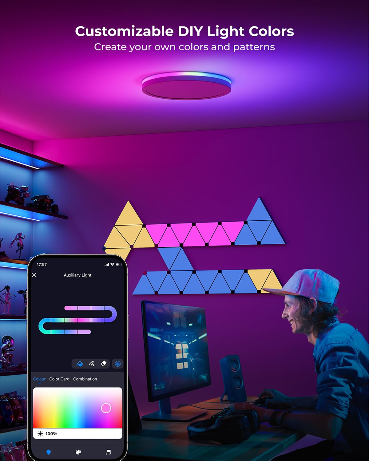 Matane Smart Led Ceiling Light Wifi, 12In Rgb Flush Mount, 16M Diy Colors, Alexa/Google Home Compatible, 3000K-6500K, Bedroom/Li