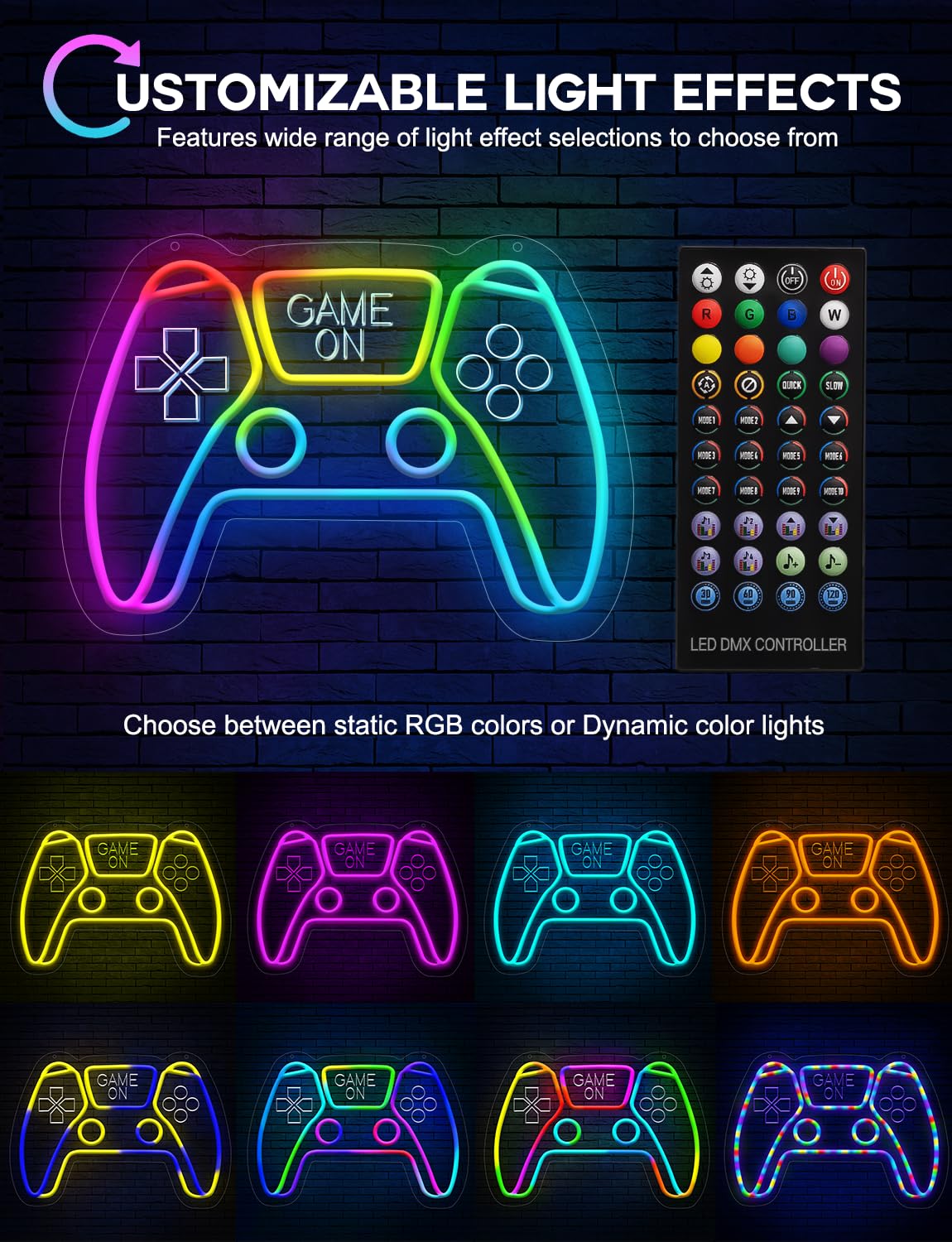 Lumoonosity Gaming LED Neon Sign - Dimmable, Timer Function, Customizable Colors - White, Model CTR Colorful