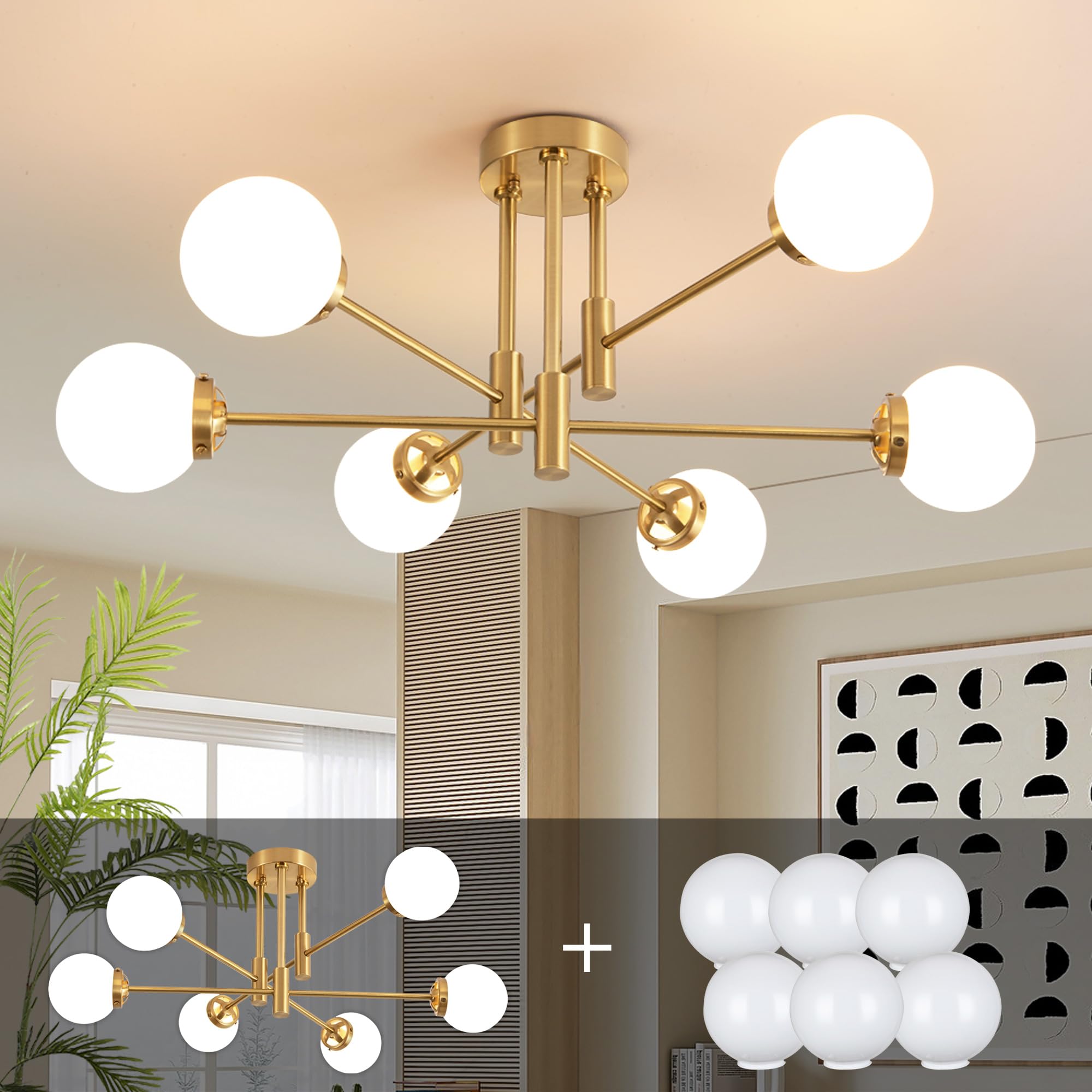 Biewalk Gold Sputnik Chandelier, 6-Light Modern Globe Fixture, Glass & Metal, Mid Century Style for Living & Dining Rooms
