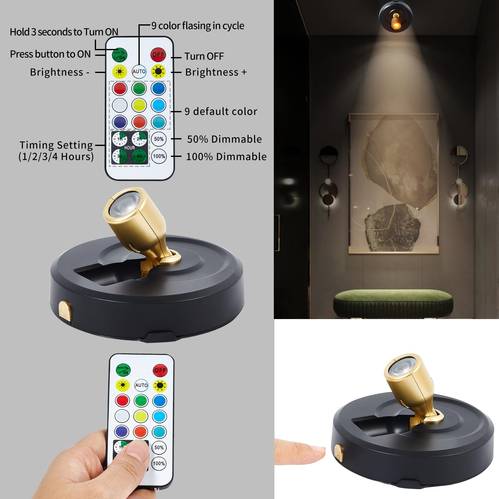 Battery Operated Spotlight, Wireless Picture Lights With Color Changing, Led Puck Light, Dimmable & Timer Accent Light With Remo