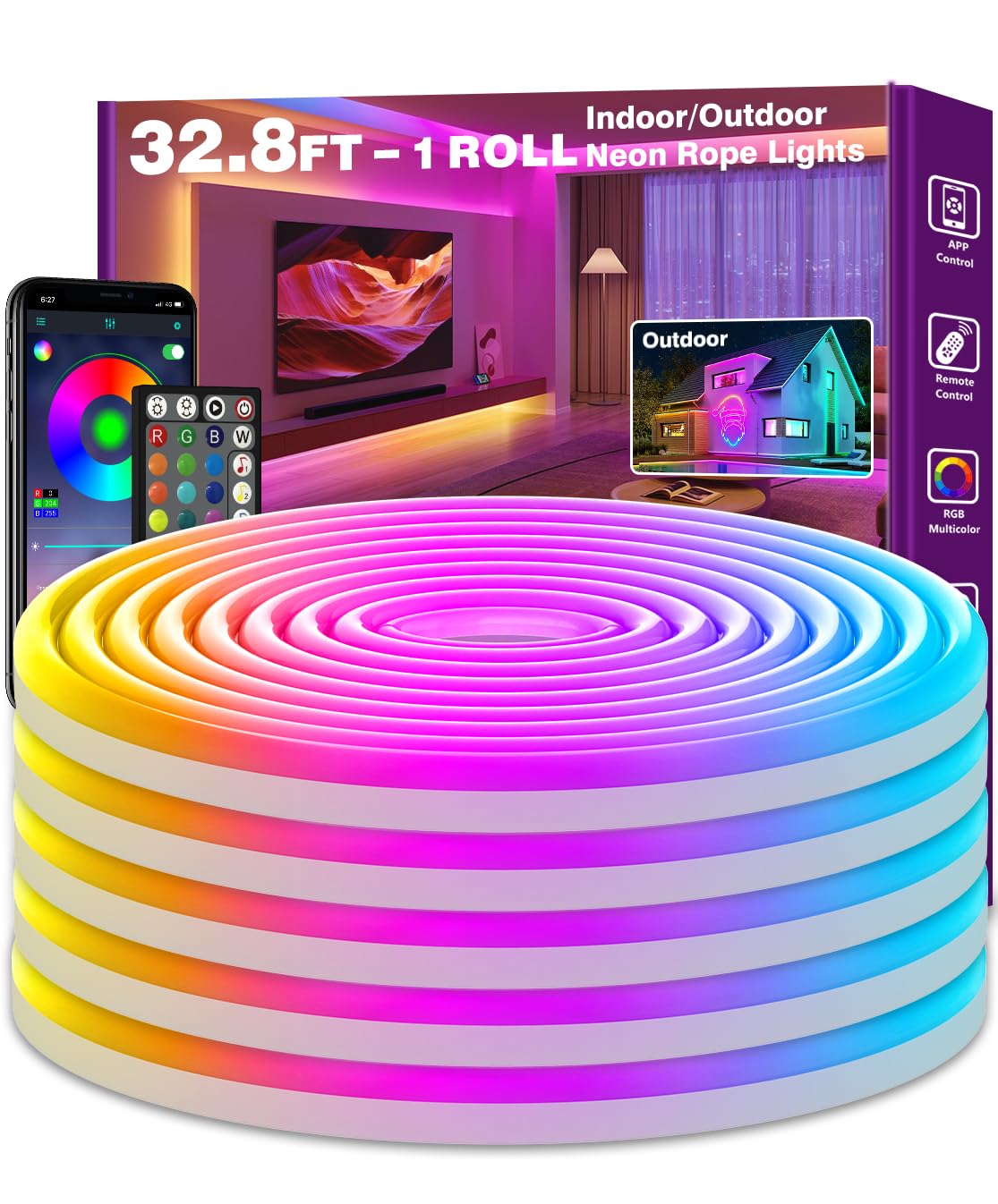 SINLEY Led Neon Rope Lights 32.8FT,Control with App/Remote,Flexible Led Rope Lights,Multiple Modes,IP68 Outdoor RGB Neon Lights 