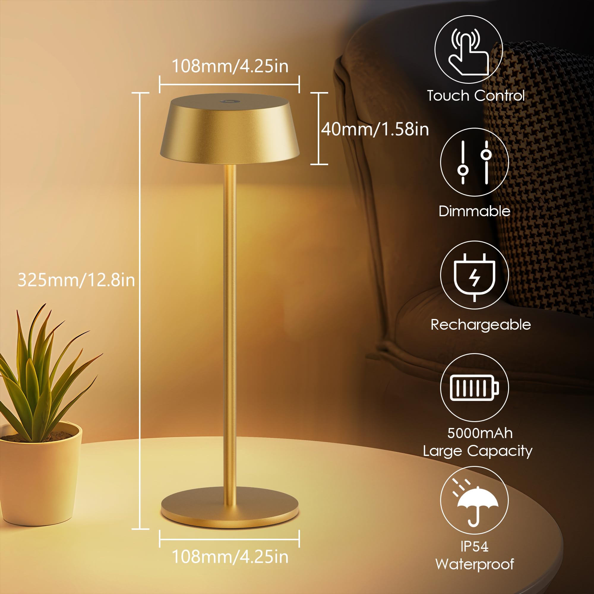 Aipsun Table Lamps Set Of 2, Gold Battery Operated Table Lamp Cordless Outdoor Touch Led Table Lamp For Restaurant/Living Room/B