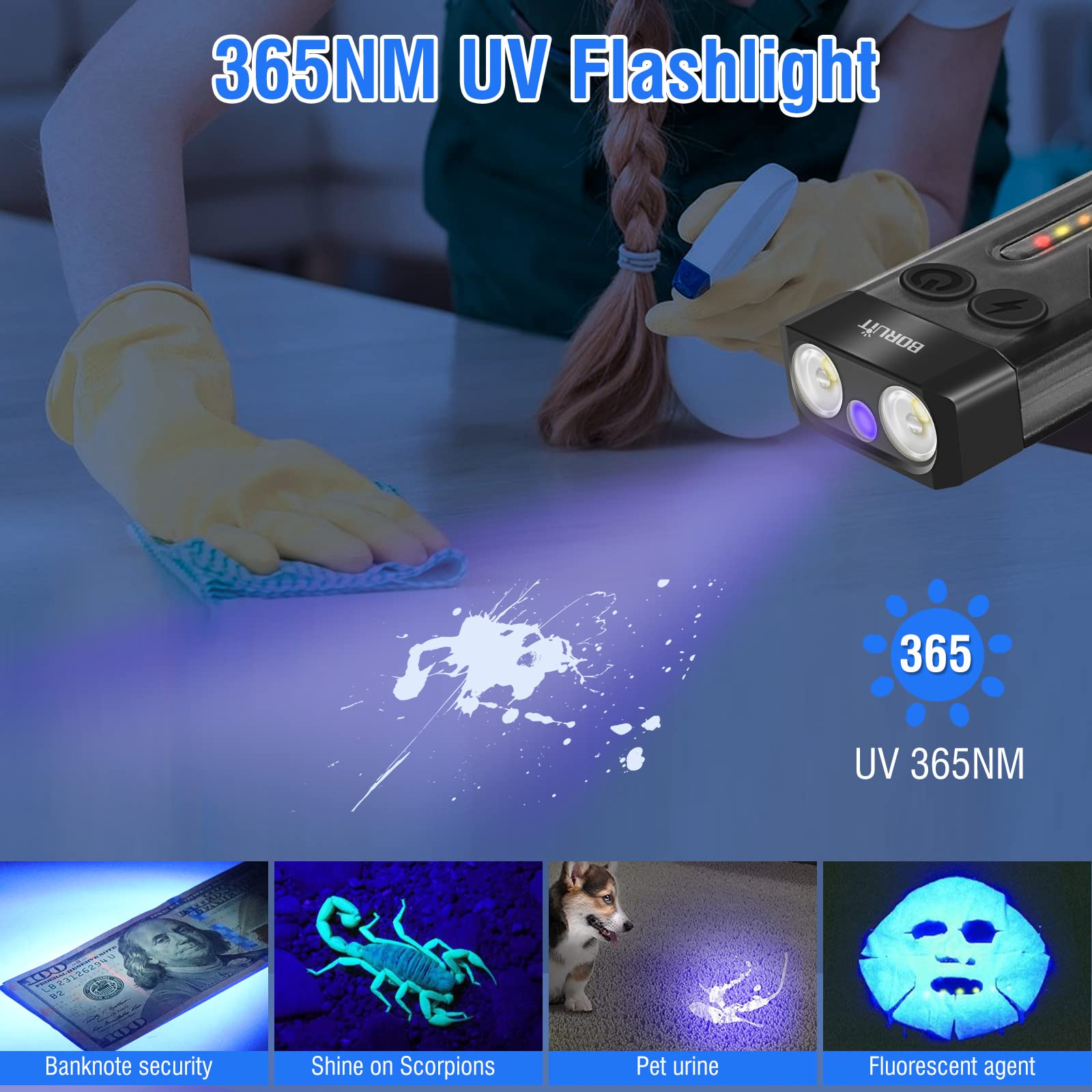 BORUIT V10 Powerful Flashlight - 1000LM, 365nm UV Light, USB C Rechargeable, Aluminum, Black, Keychain with COB Side Light