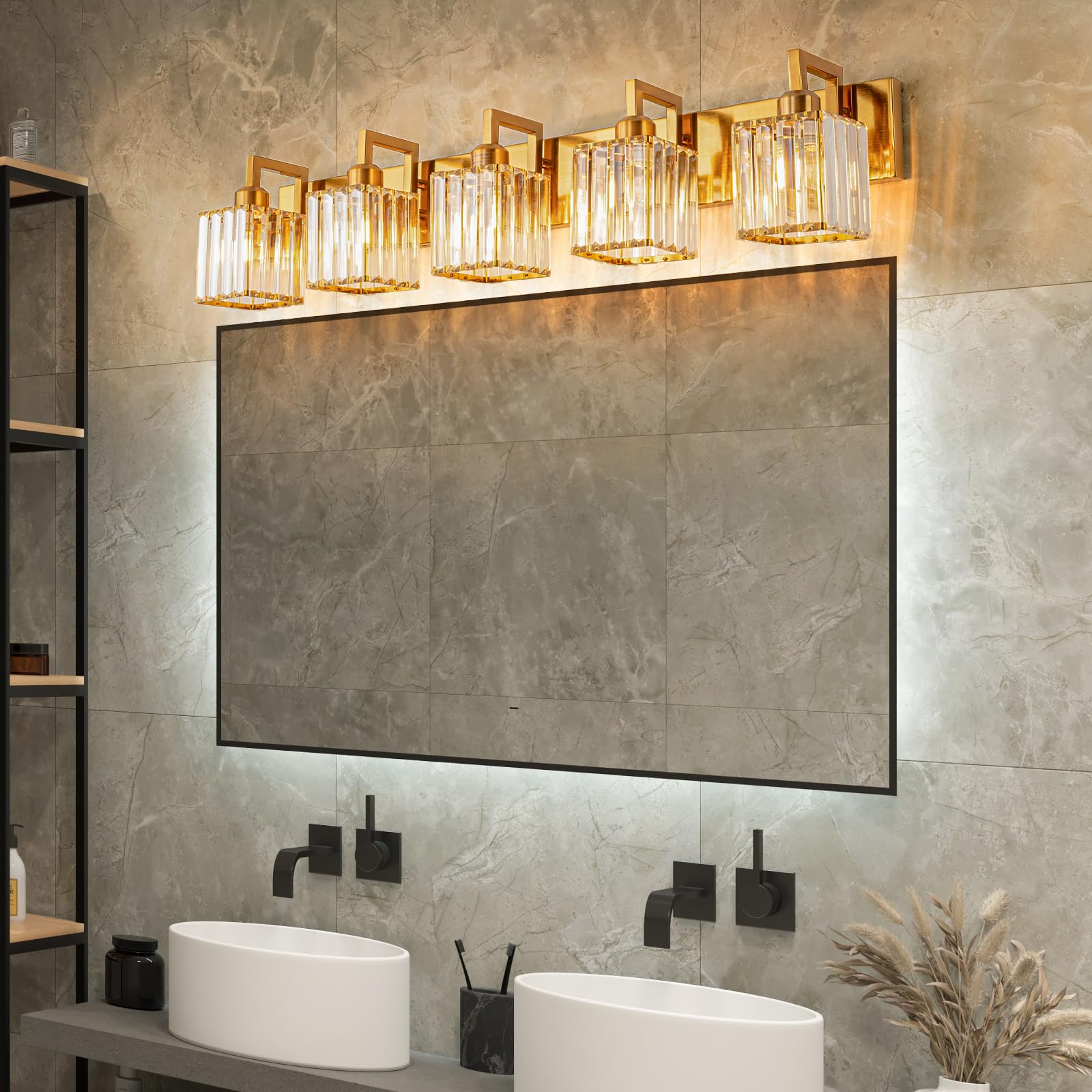 FDPBY Modern Bathroom Vanity Light 5-Lights Chrome Crystal Wall Lamp JW-003 Gold Crooked Metal