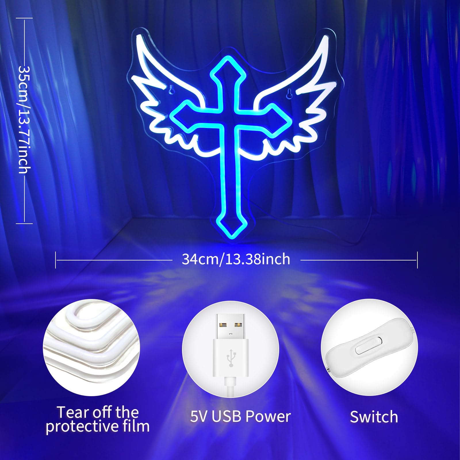 JEDAEMEN LED Neon Sign for Wall Decor, Acrylic Light Up Sign, 13.8 x 13.4 inches, White Blue, USB Powered, Perfect for Birthday Party Decor