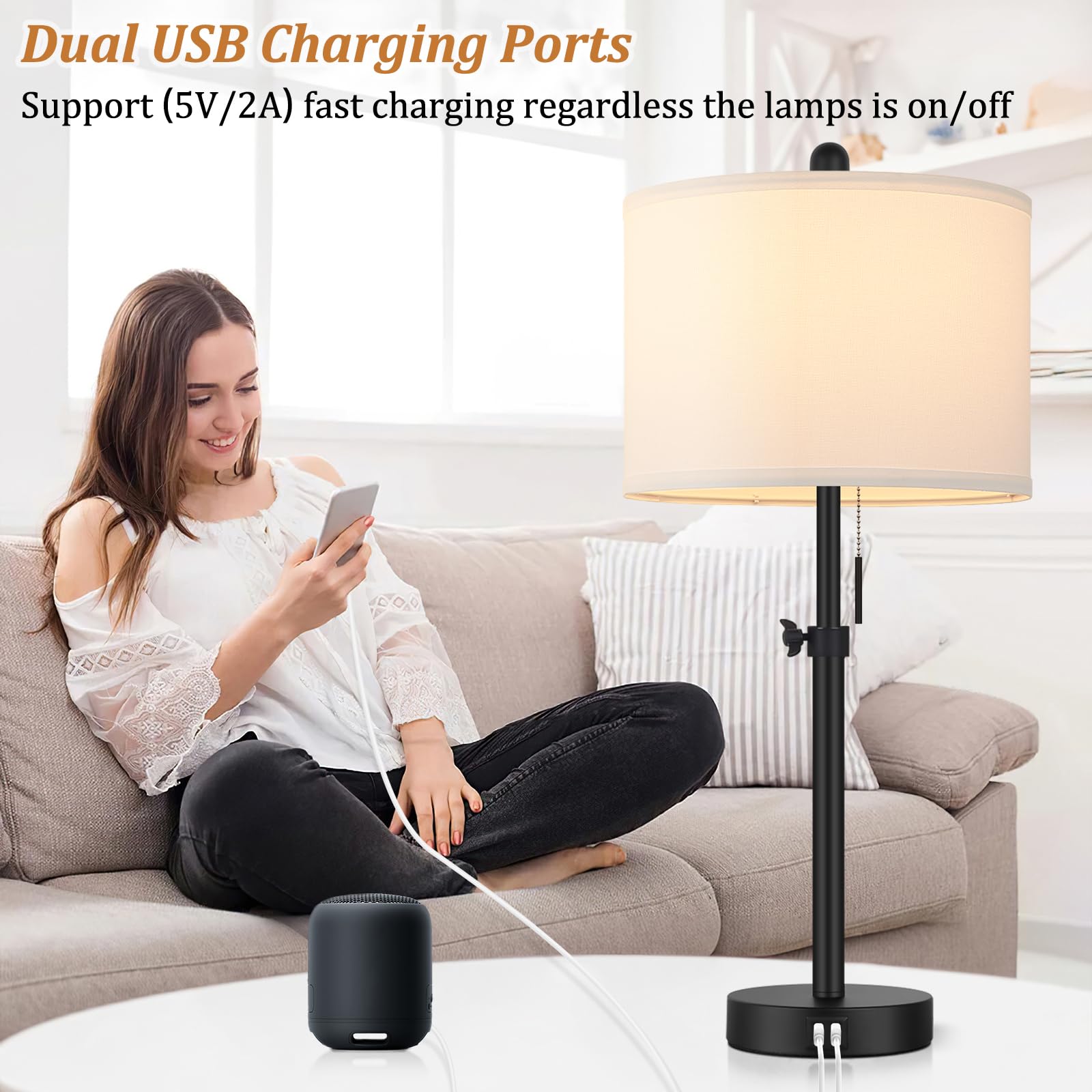 Kondras 23-30" Height Adjustable Table Lamp Set of 2, Black Metal with USB Ports, Modern Design for Bedroom & Living Room