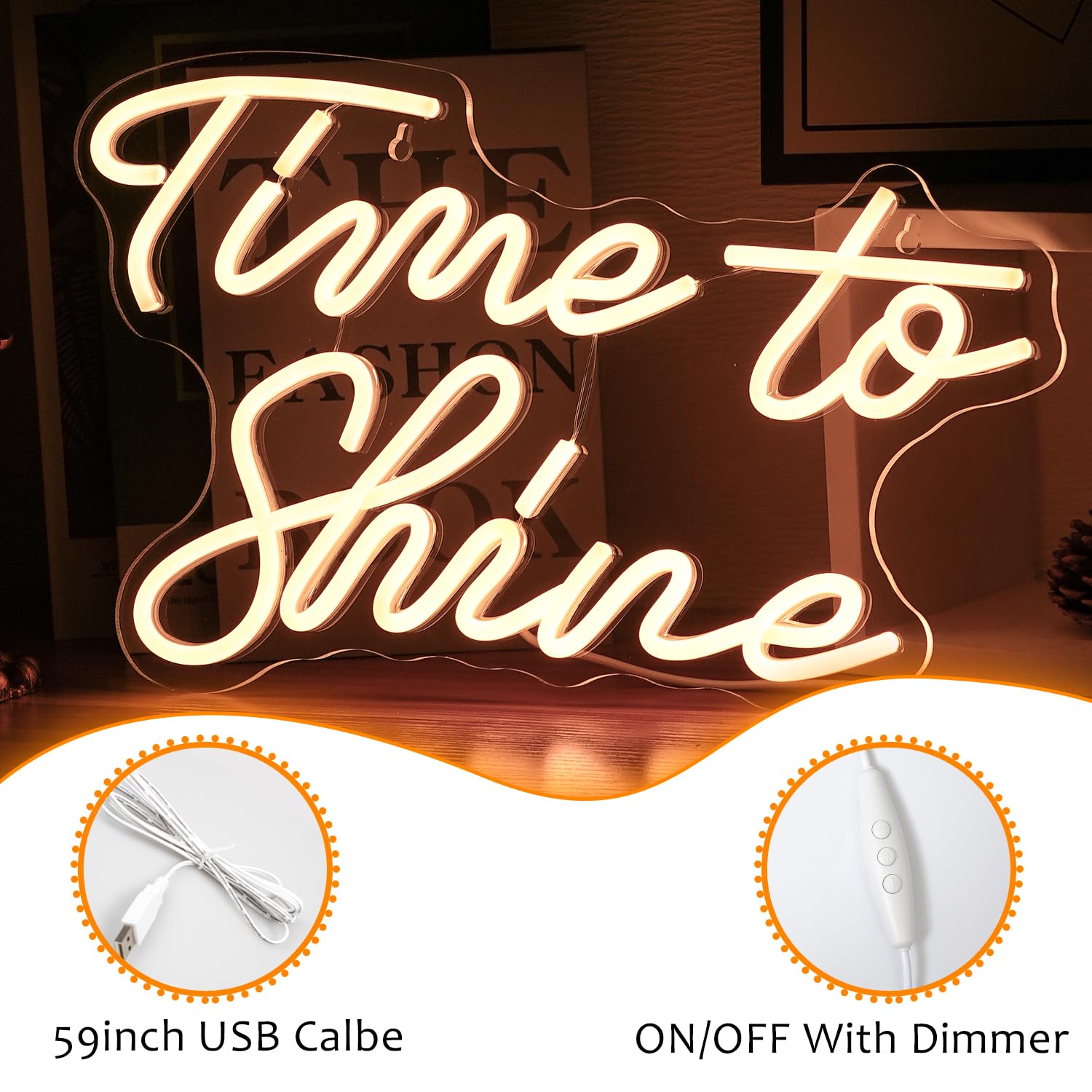 LISIGNVE Time To Shine Neon Sign Warm White LED Wall Decor 16.5inx10.2in USB Powered Dimmable Silicone