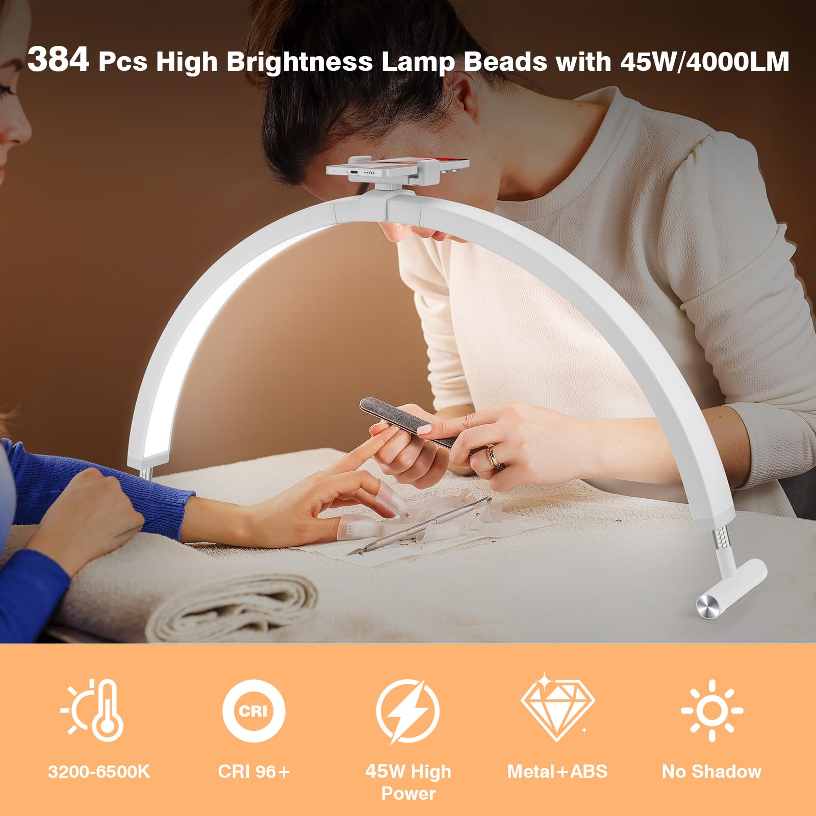 Mznoo Half Moon Light For Nail Desk Wtih Phone Holder, 30In 45W Nail Tech Light, Desk Light For Nails, Lashes, Manicure, 3200K T