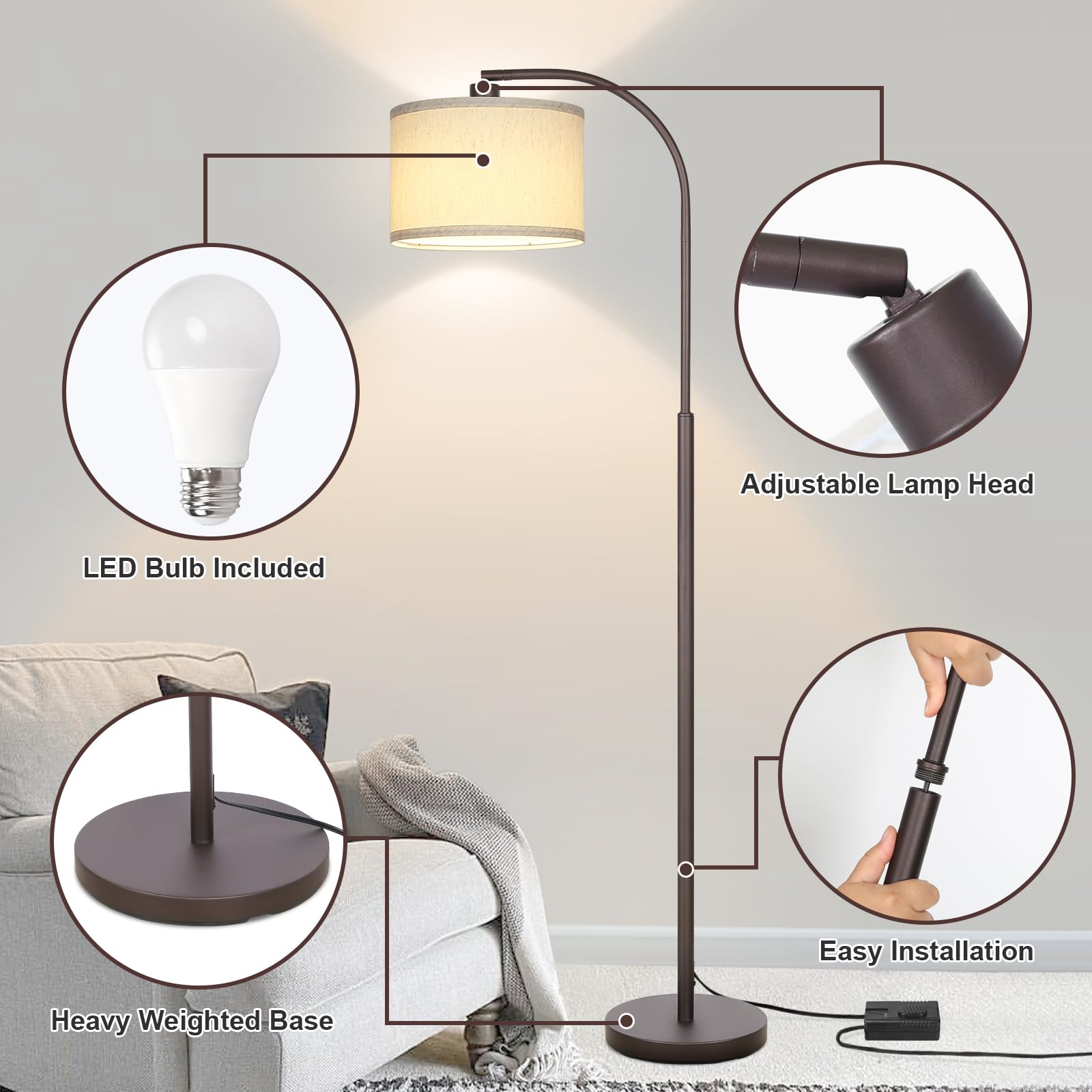 Boncoo Dimmable Floor Lamp, Arc Standing Lamp With Stepless Dimmer, Brown Floor Lamp With Adjustable Linen Beige Shade For Livin