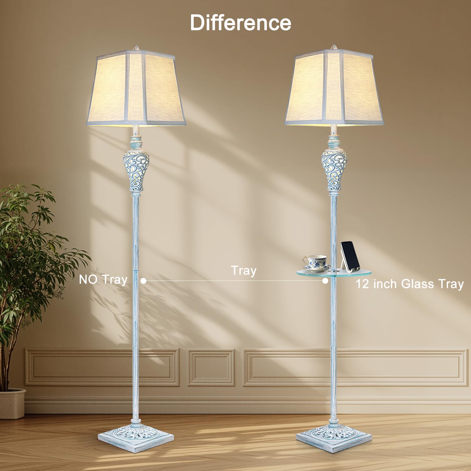 Vintage Floor Lamp With Night Light And Glass Tray, 65'' High Retro Standing Lamp With Washed Blue Finish And White Linen Shade,