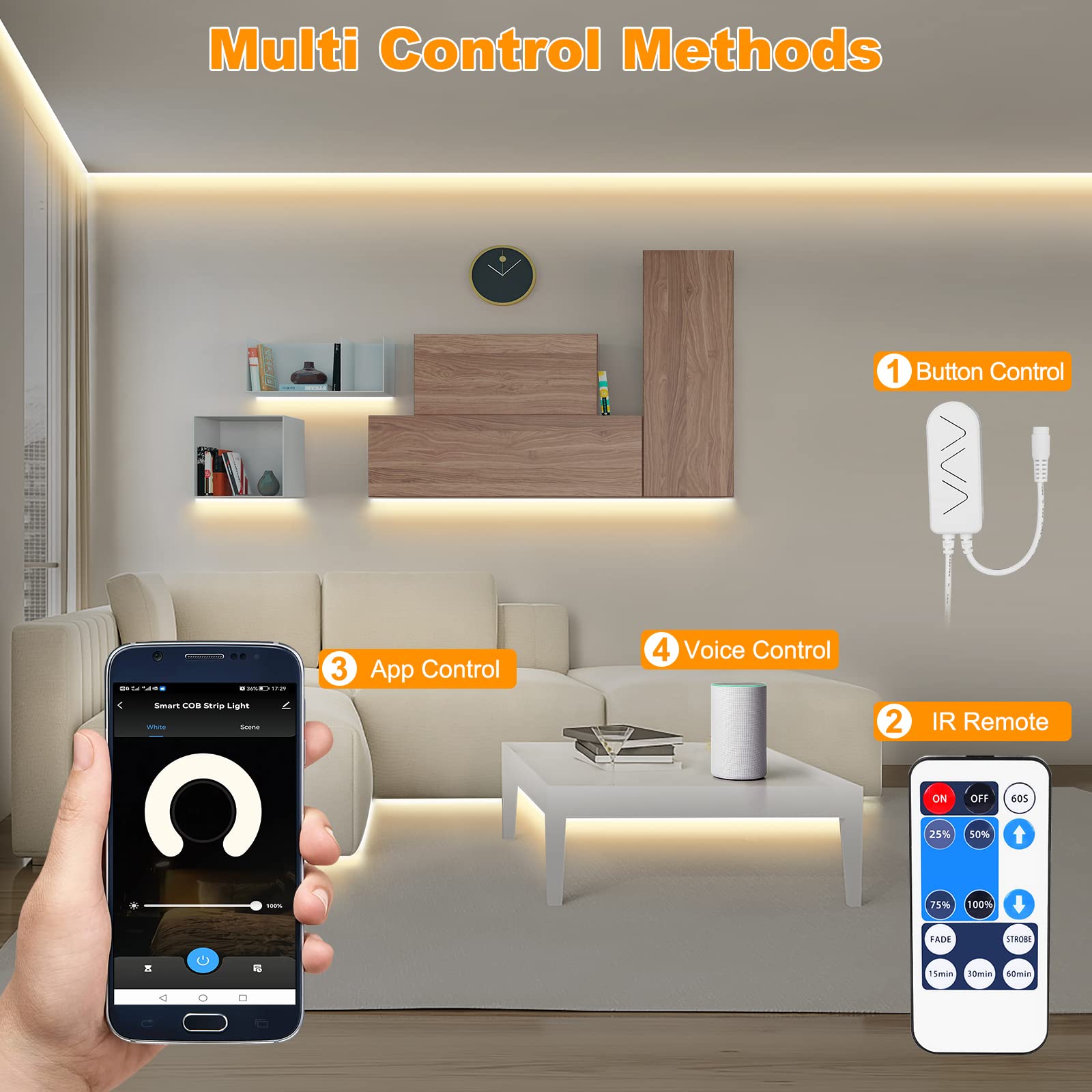 Tatazone Smart White Cob Led Strip Light With App And Remote, 32.8Ft 4000K Bright Wifi Cob Light Strip Work With Alexa And Googl