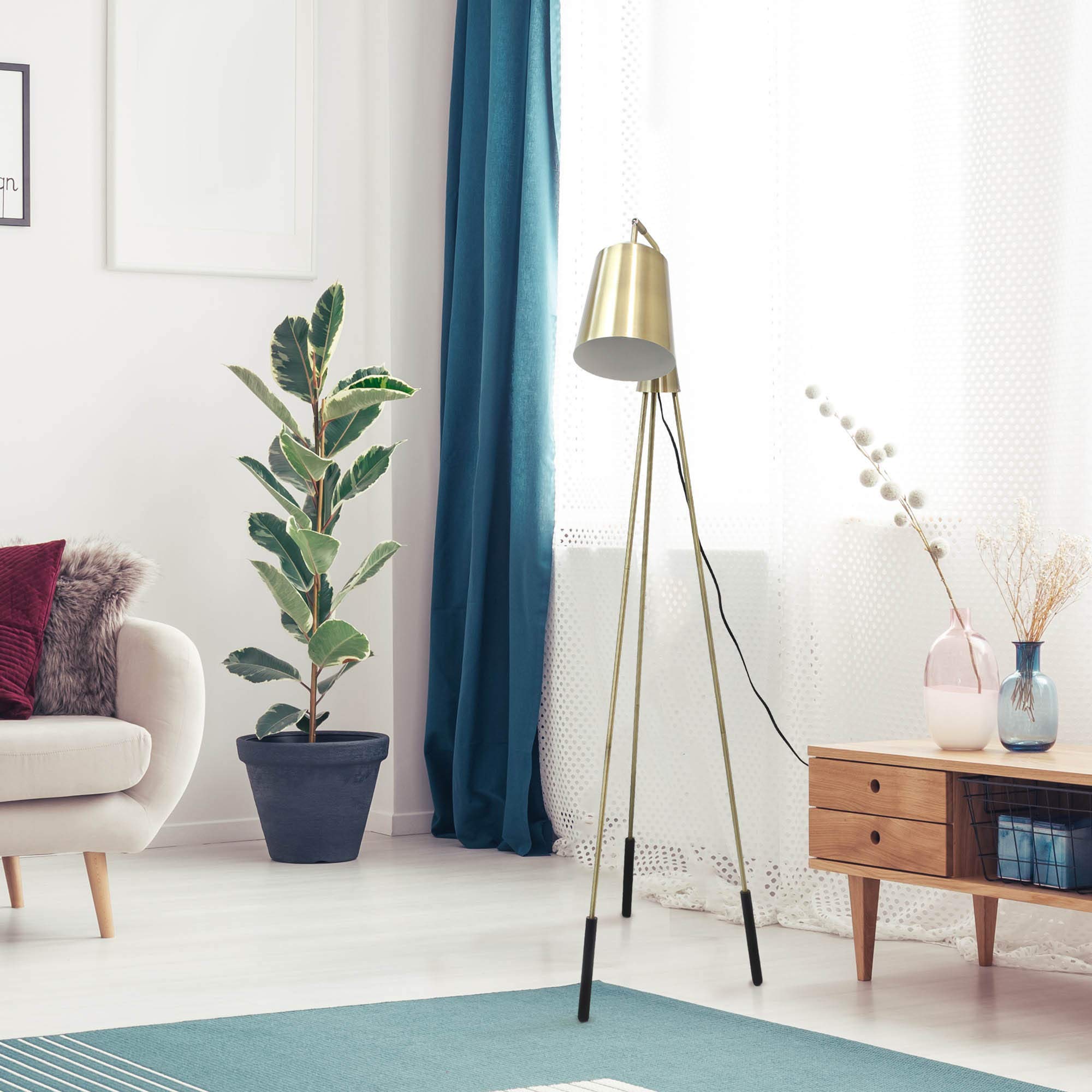 LALIA HOME Industrial Tripod Floor Lamp, 1 Light, Metal, Antique Brass, 26inL x 20inW x 65inH, Model LHF-5016-AB