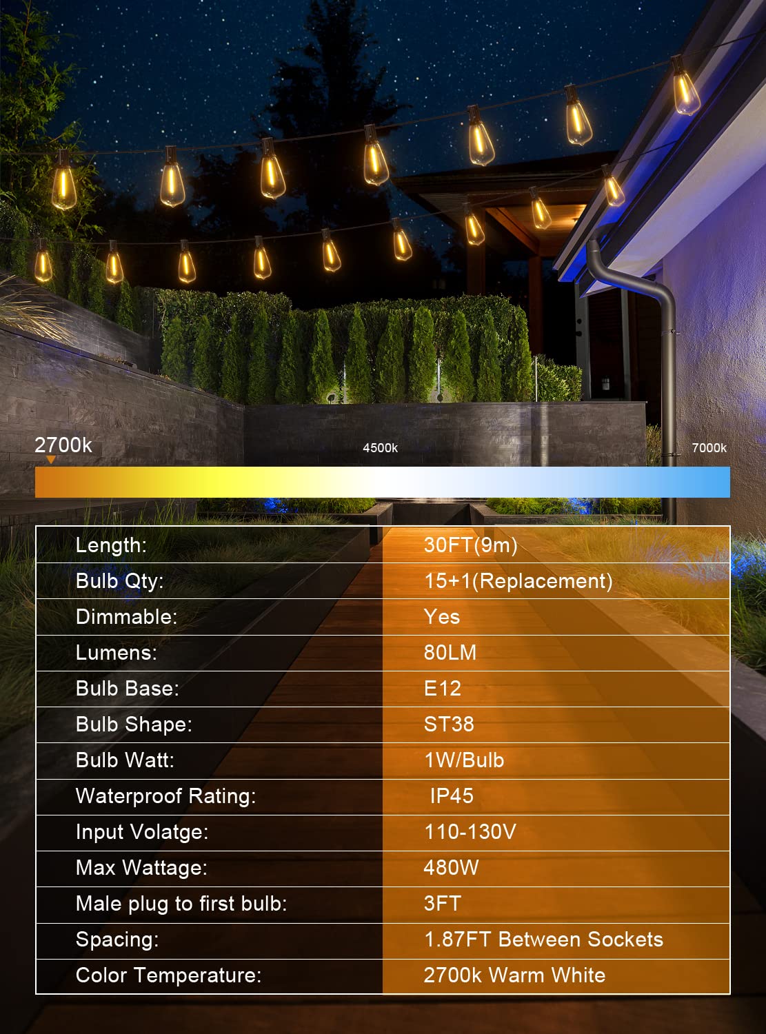 GPATIO Outdoor String Lights - 30FT, 15 Dimmable ST38 Bulbs, Waterproof, Shatterproof, Connectable for Patio, Backyard, Garden Decor