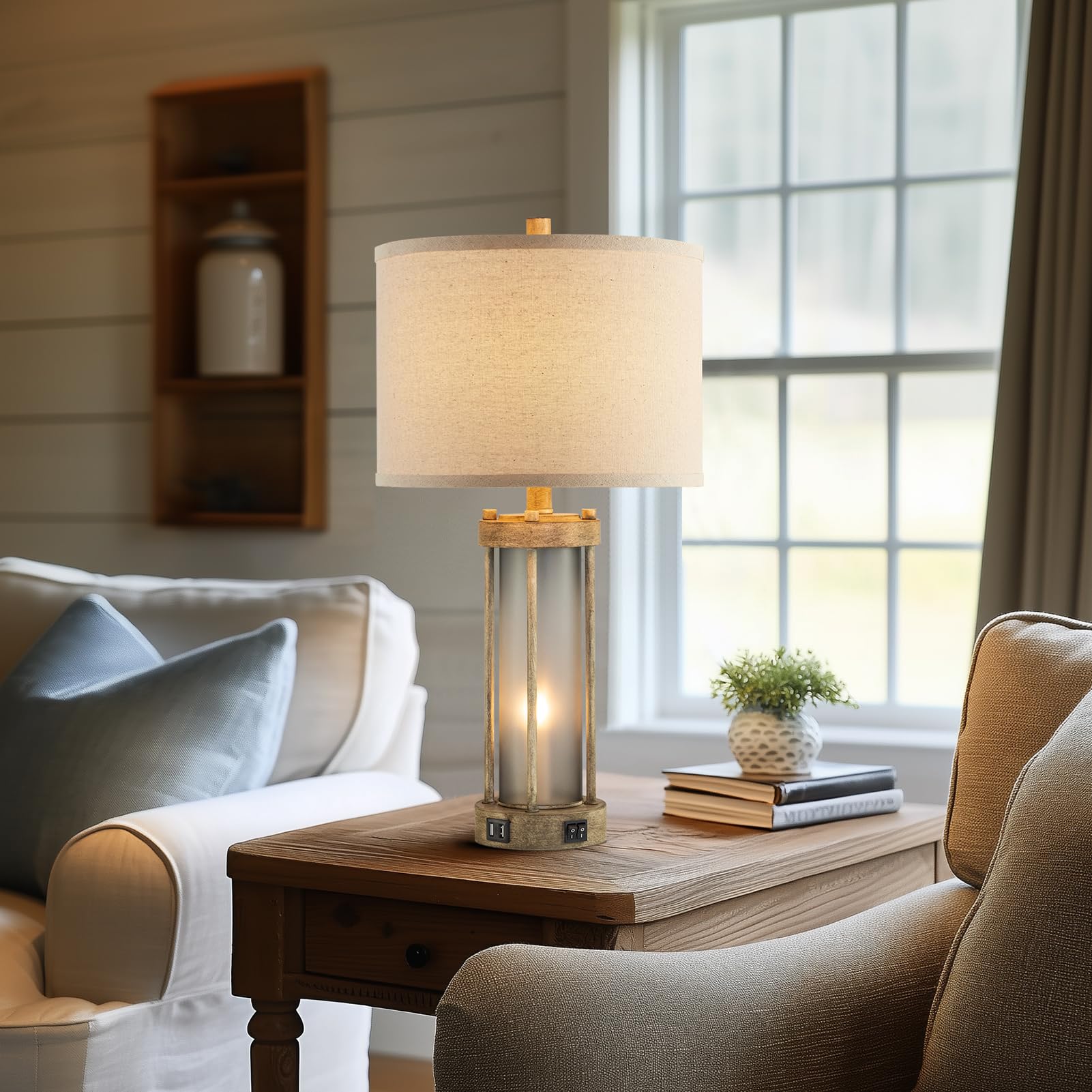 Farmhouse Table Lamps Set Of 2 For Living Room, Vintage Bedroom Nightstand Lamp With Dual Usb Ports, Bedside Lamp With Frosted G