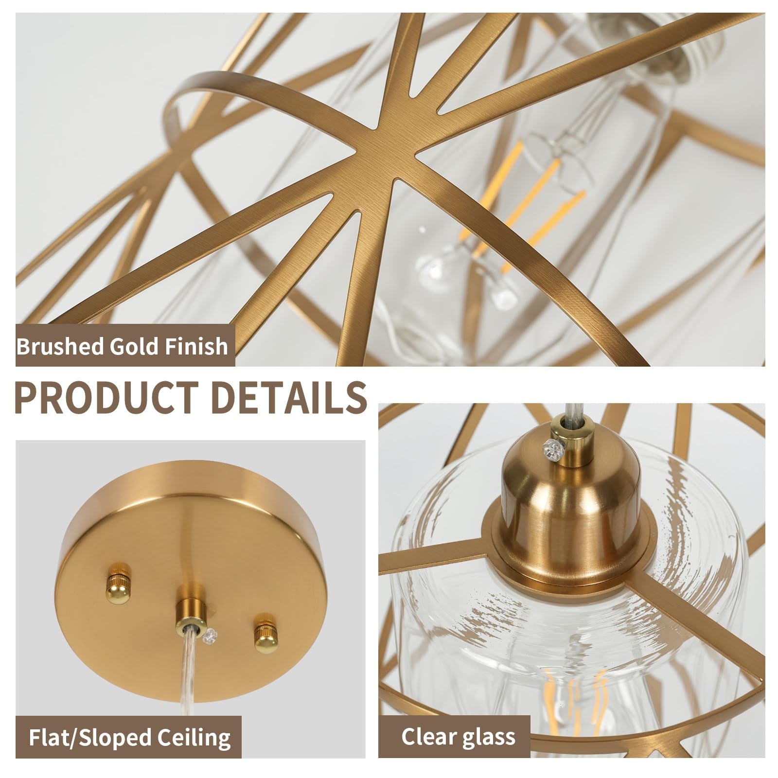 Zlierop Brushed Gold Pendant Light, Modern Kitchen Pendant Lighting Over Island, Pendant Lighting With Clear Glass Shade, Glass