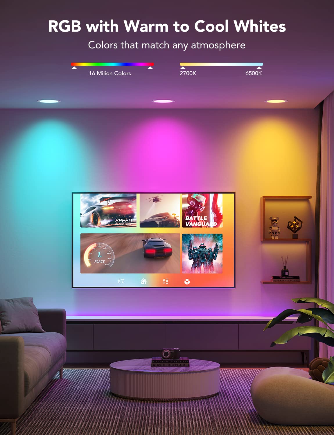 Govee Smart Recessed Lighting, 6 Inch RGBWW LED Downlight, 1100 Lumen, 6 Pack, Wi-Fi & Bluetooth Compatible, Multicolor