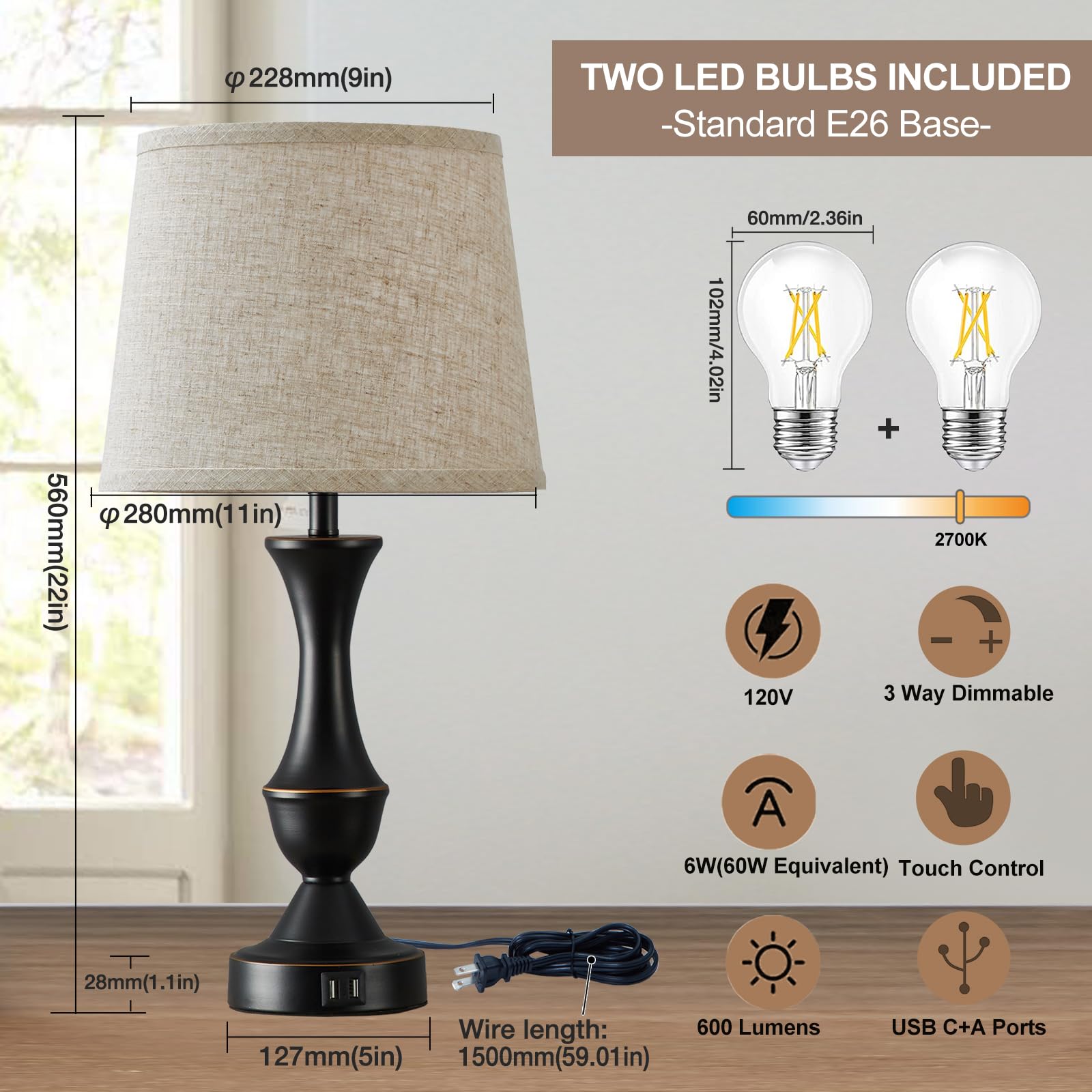 Luvkczc Touch Lamps Set of 2, 3 Way Dimmable, USB Charging Ports, Slub Linen, Black/Oatmeal, Model L-73008-07