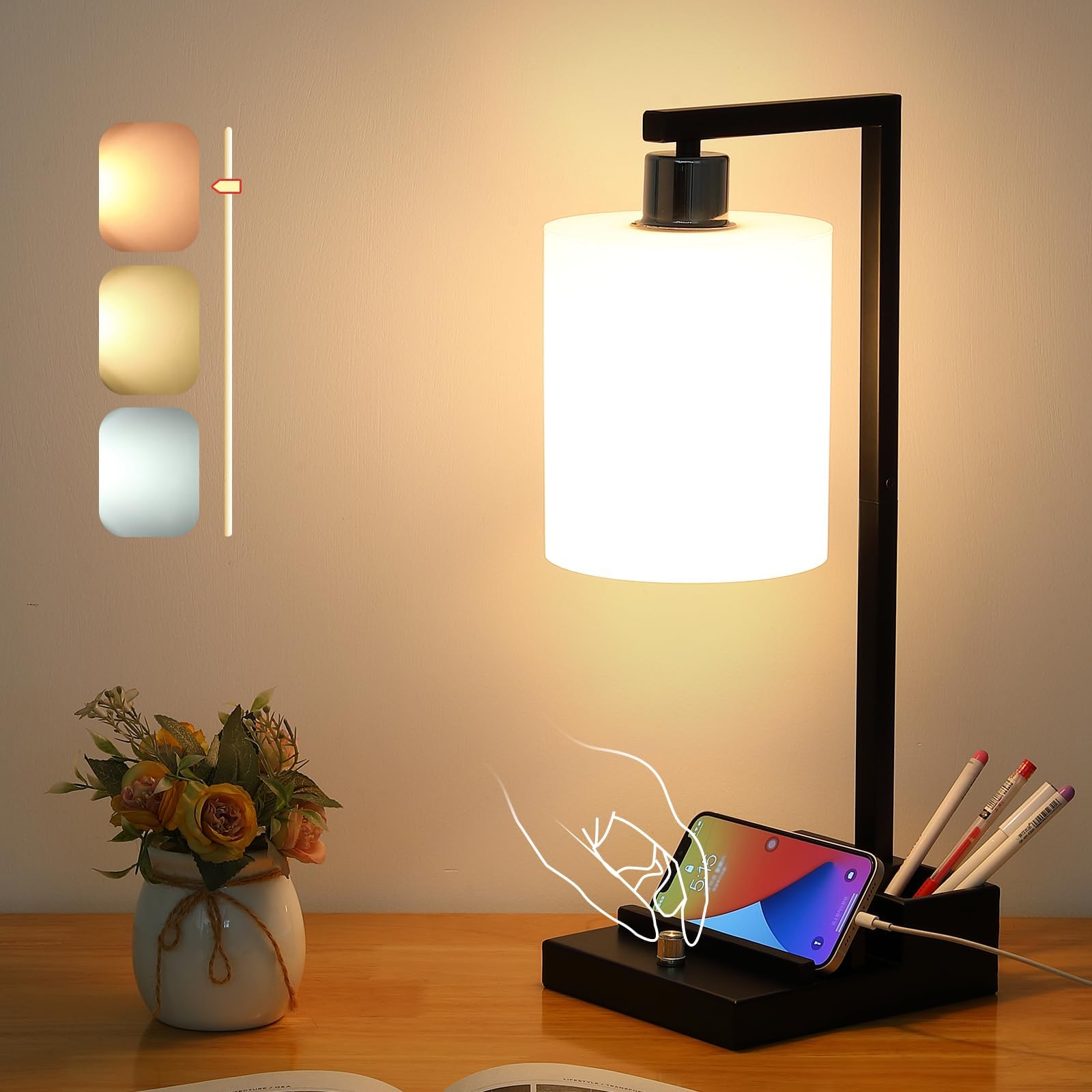 Dimmable Bedside Table Lamp with Dual USB Ports & AC Outlet, Adjustable Brightness & Color Temperature, Phone Holder & Pen Slot
