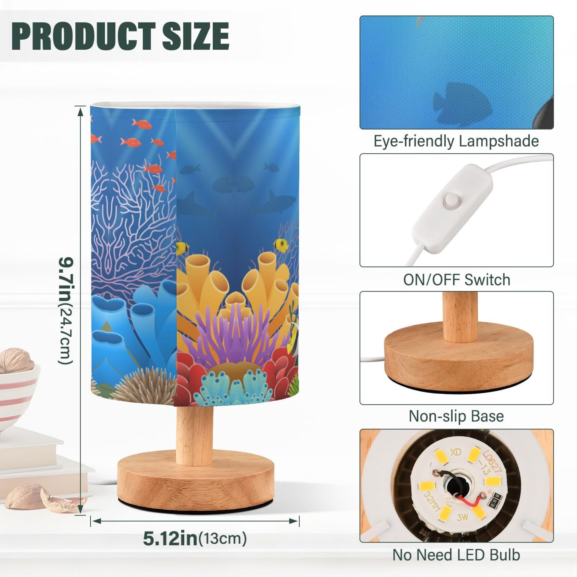 Yyzzh Table Lamp Cartoon Dolphin Killer Whale Sea Fish Coral Underwater In Ocean Nightstand Lamp With Wood Base Fabric Lamp Shad